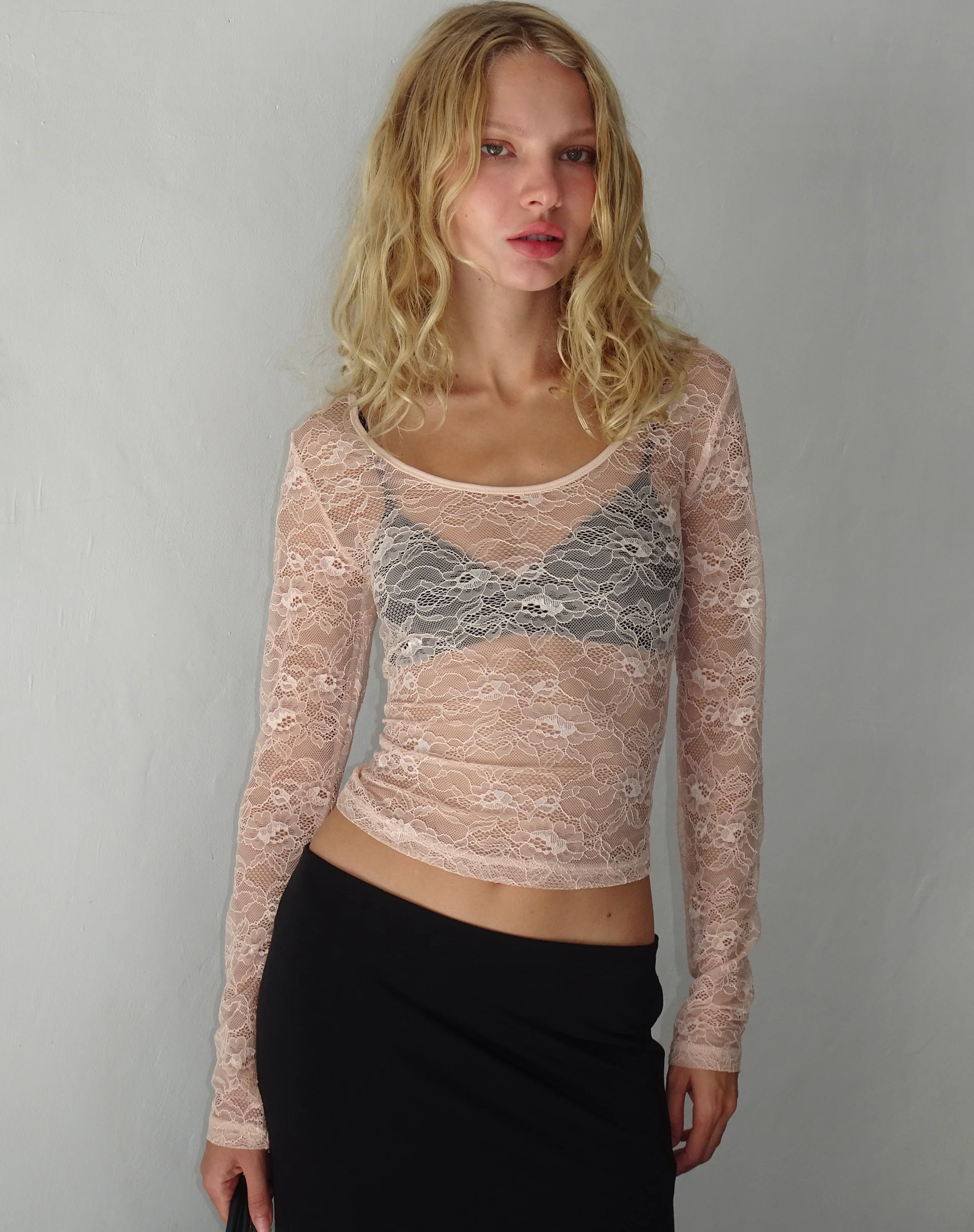 Lainey Long Sleeve Lace Top in Blush - Awmao