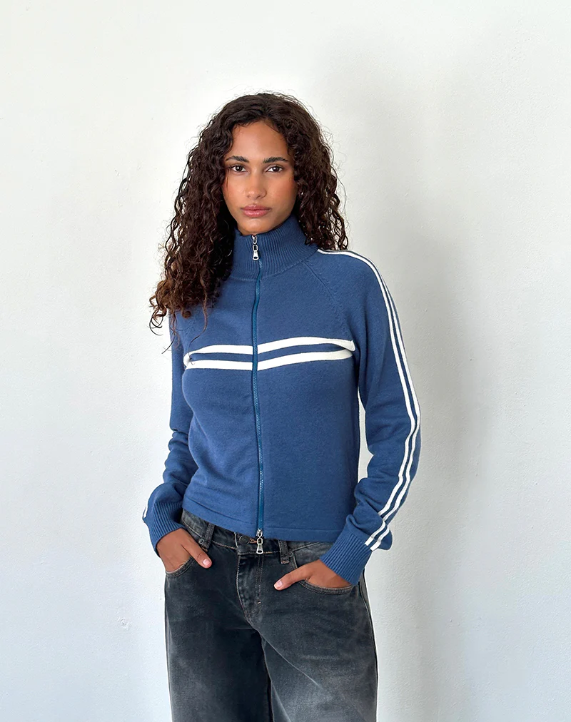 Talisa Sporty Zip Through Jacket In Navy with Ivory Stripes - Awmao