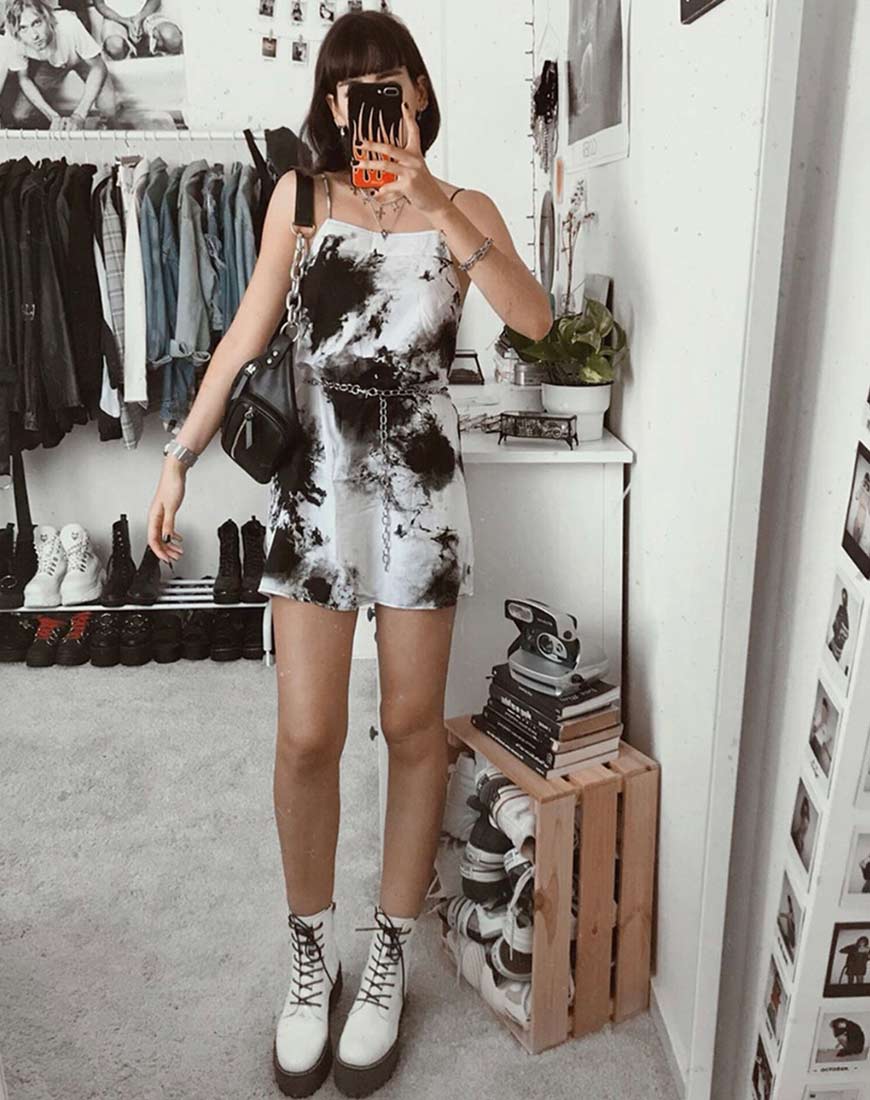 Sagha Slip Dress in Mono Tie Dye Black and White - Awmao
