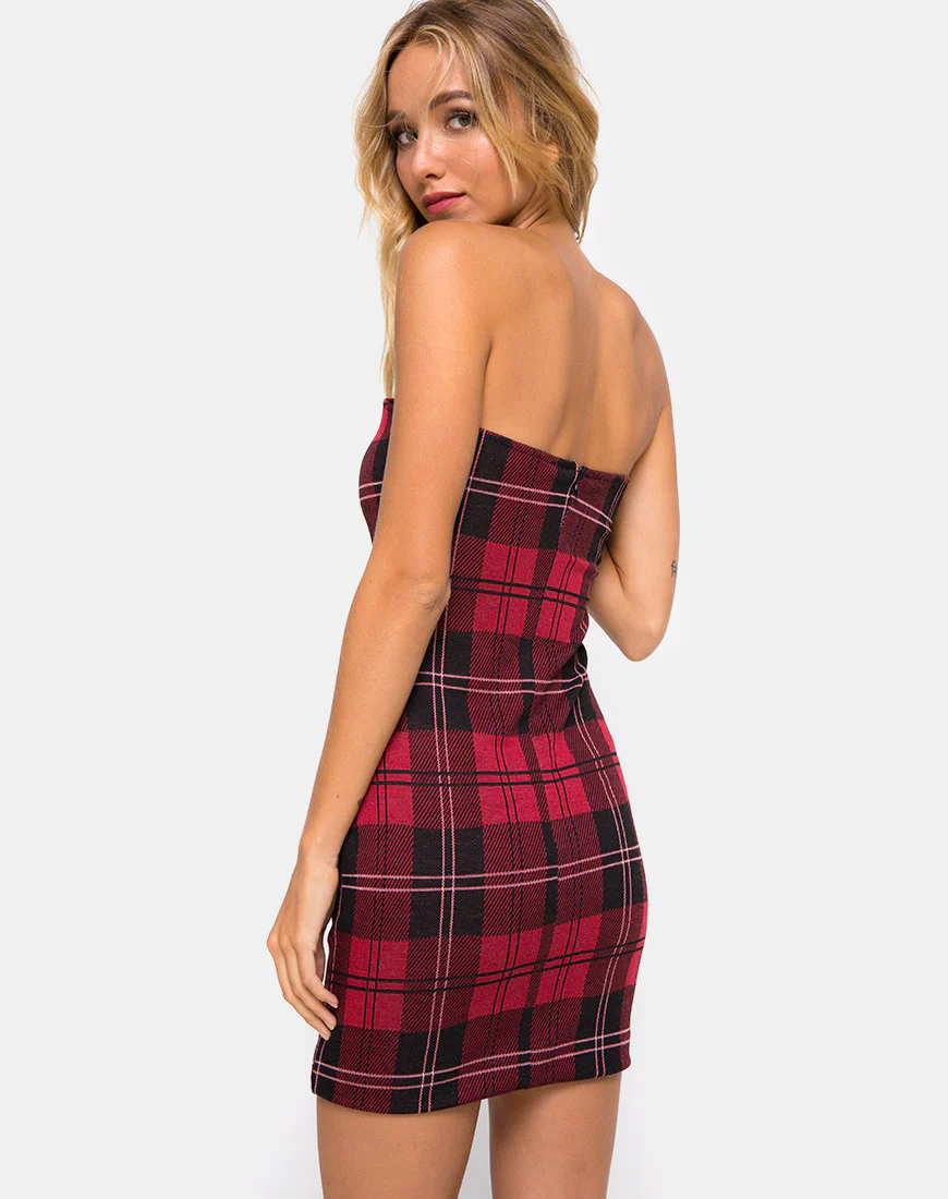 Ajuste Bodycon Dress in Plaid Red - Awmao