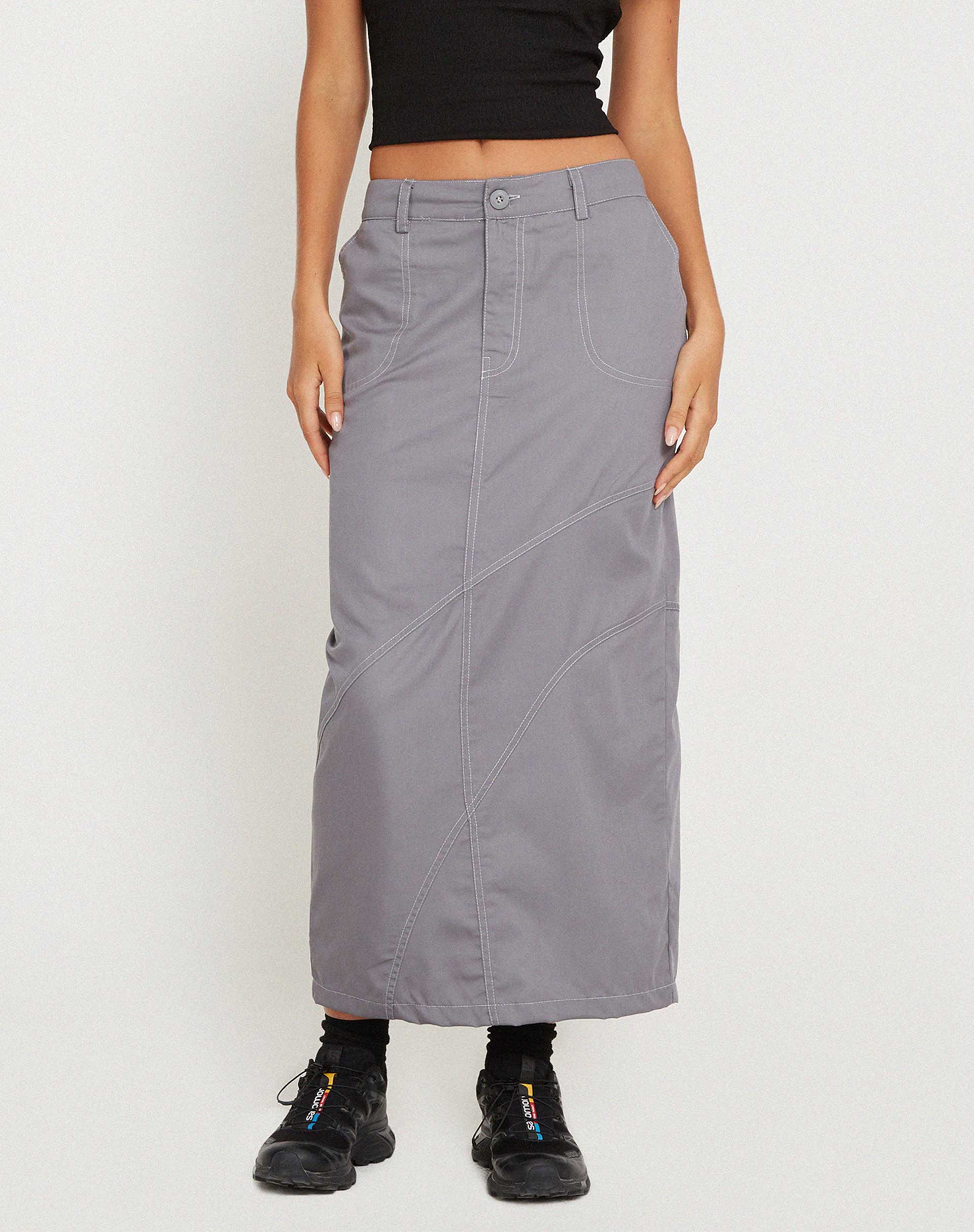 Reese Cargo Midi Skirt in Charcoal Grey with White Stitch - Awmao