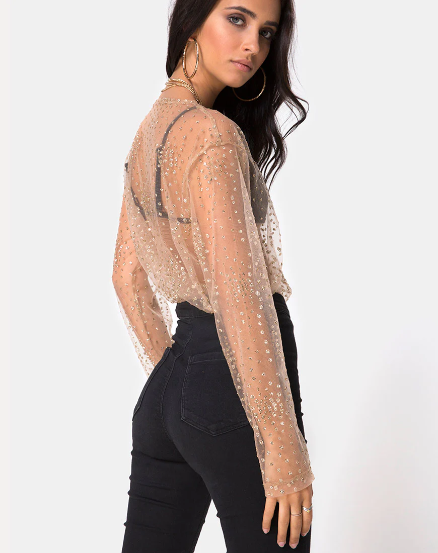 Ether Longsleeve Top in Gold Glitter on Net Tan - Awmao