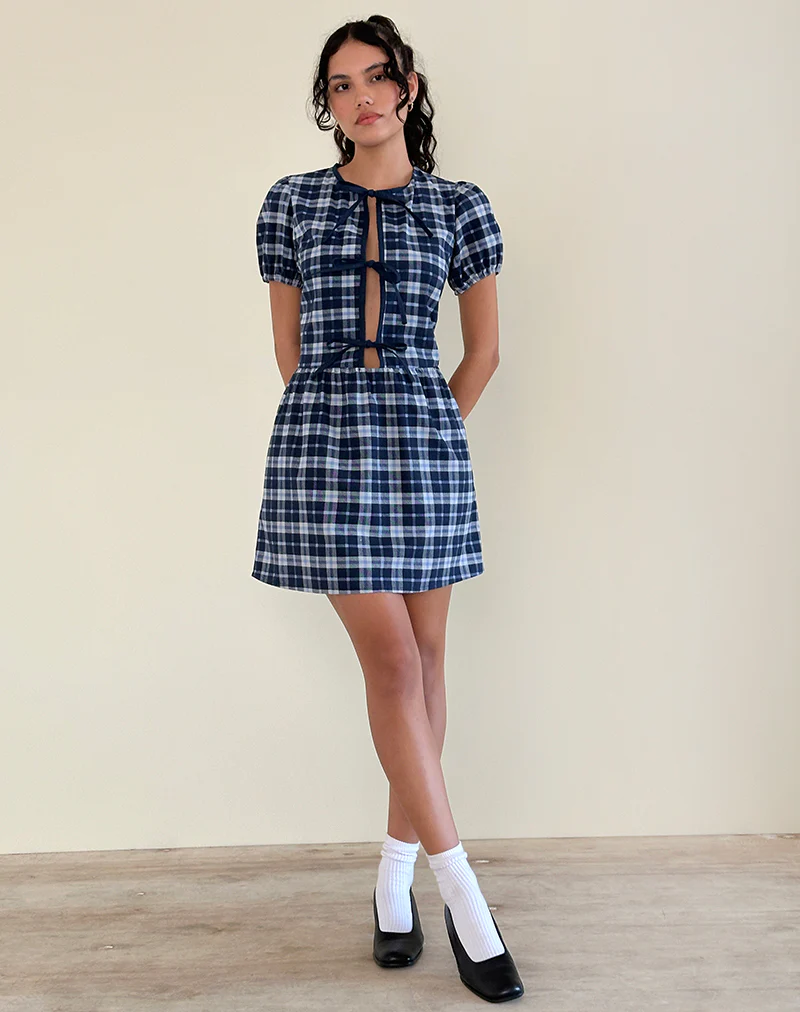 Byan Tie Front Dress in Tartan Dark Blue - Awmao