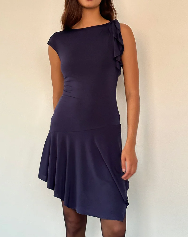 Winslow Asymmetric Frill Mini Dress in Navy - Awmao