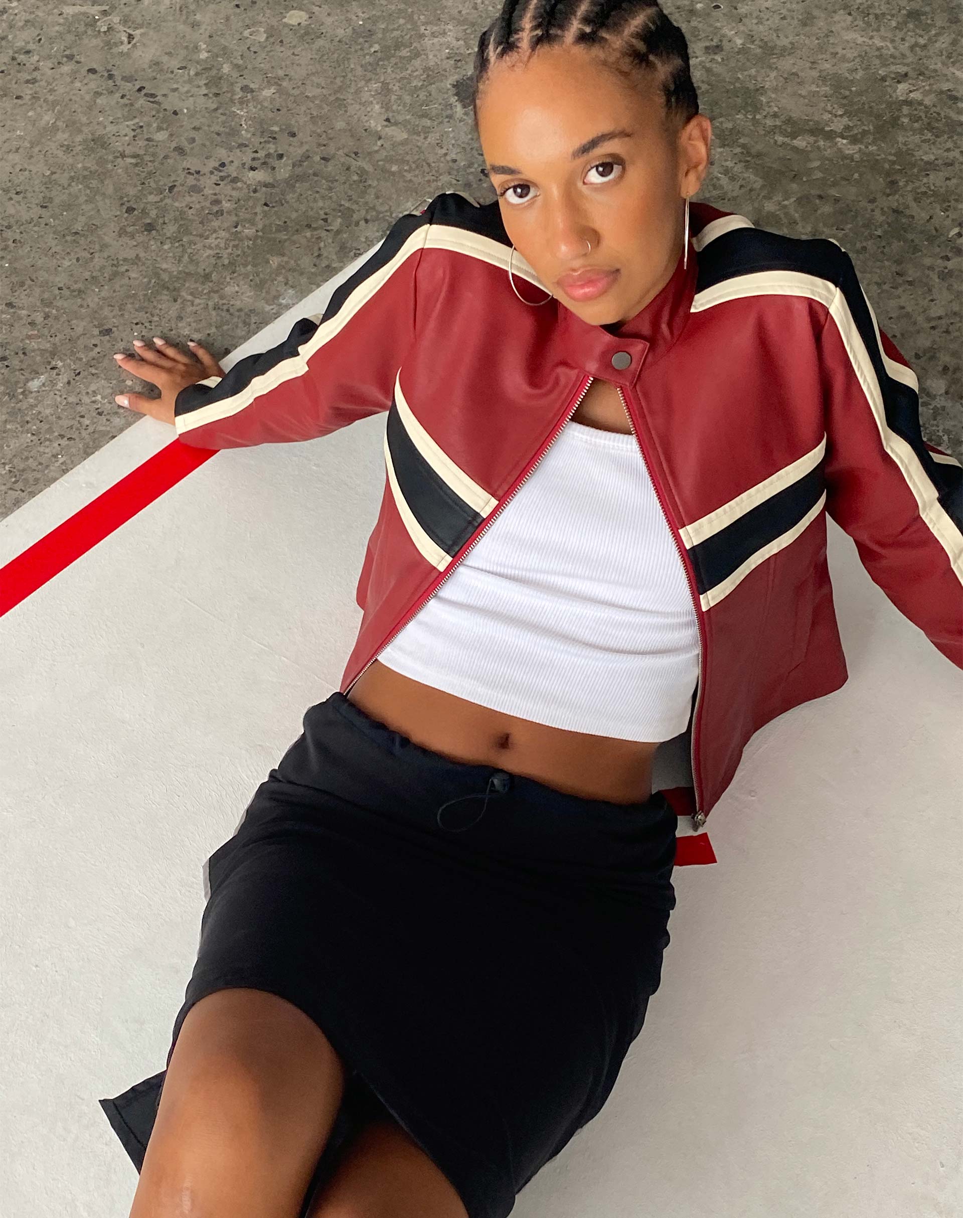 Oliver Zip Up Jacket in PU Red with Ecru Stripe - Awmao