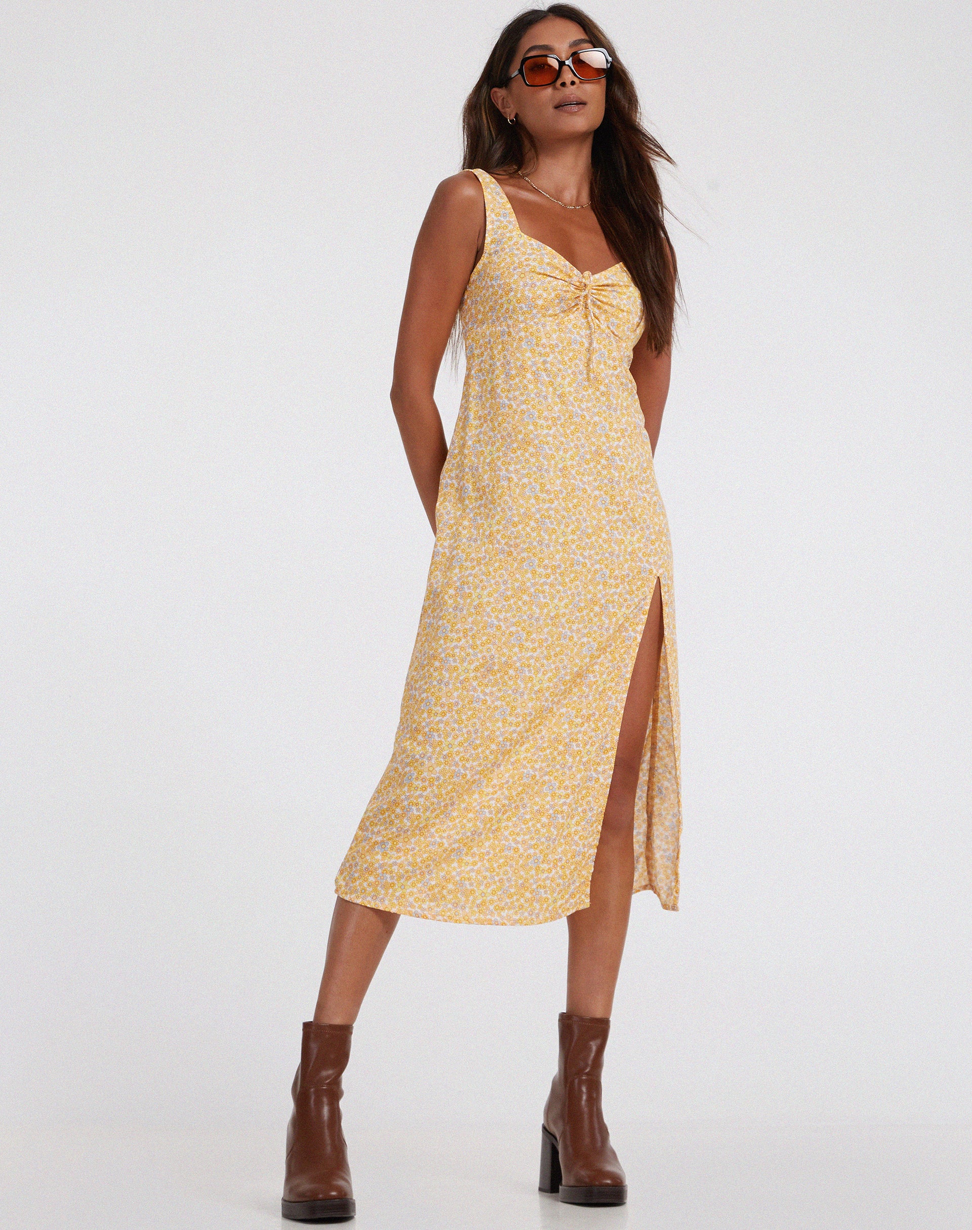 Jorie Midi Dress in Flower Garden Yellow - Awmao