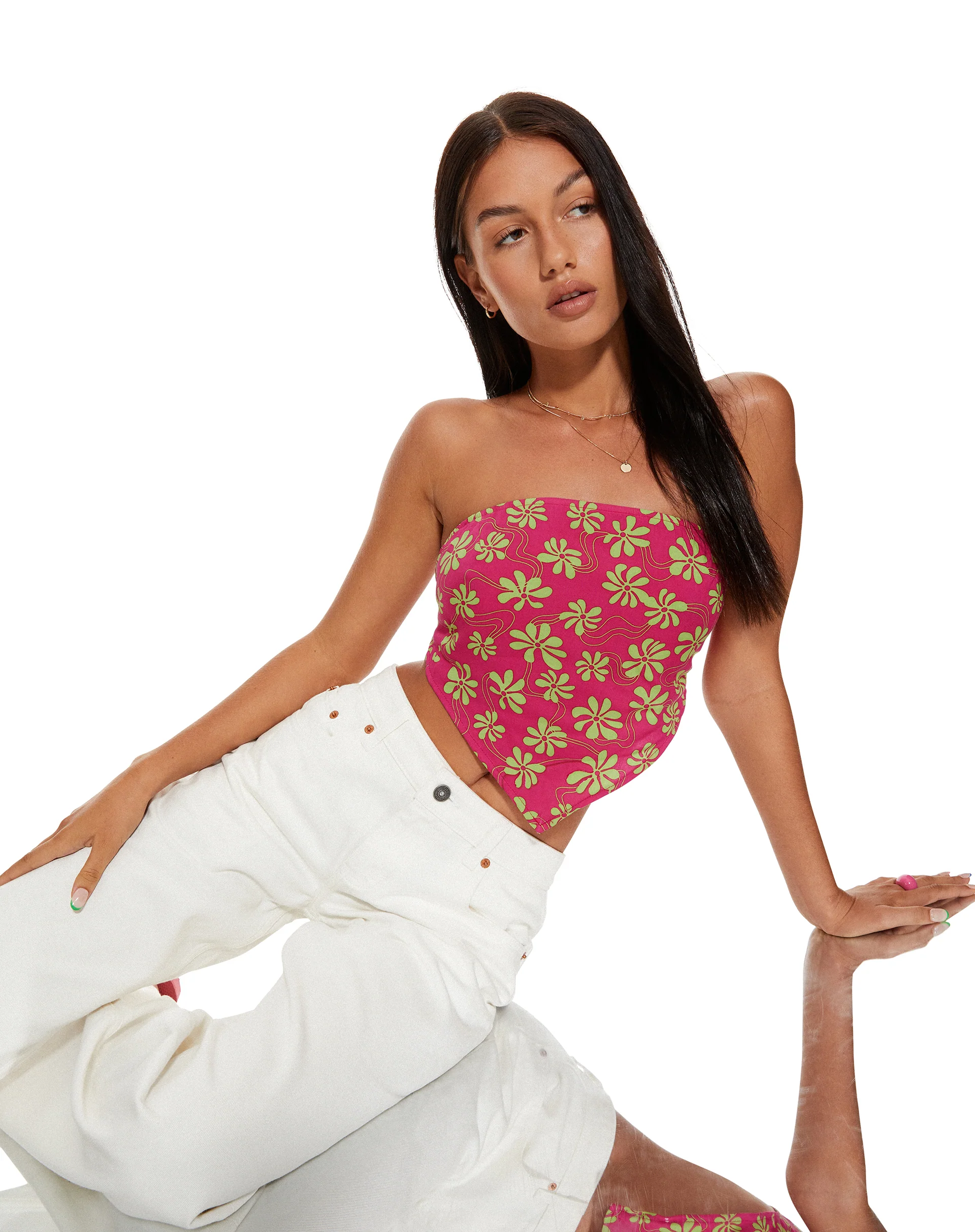 MOTEL X BARBARA Iryas Crop Top in 90s Beachy Floral Hot Pink - Awmao