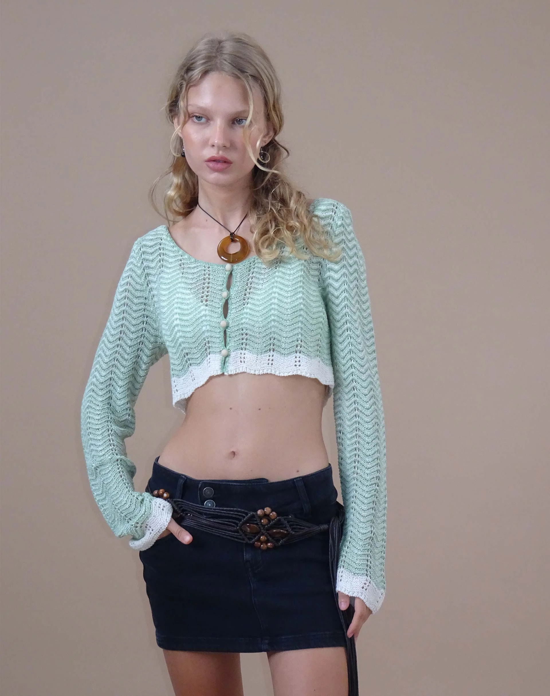 Aesha Cropped Cardigan in Sage Cream - Awmao