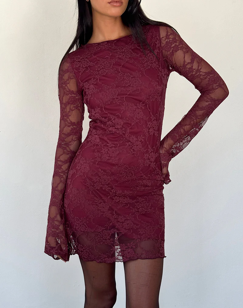 Sevila Long Sleeve Mini Dress Lace Burgundy - Awmao