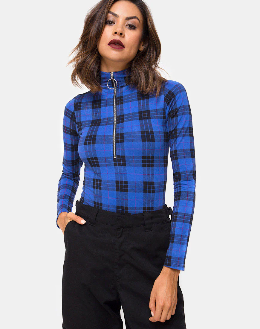 Molaka Highneck Bodice in Tartan Blue - Awmao