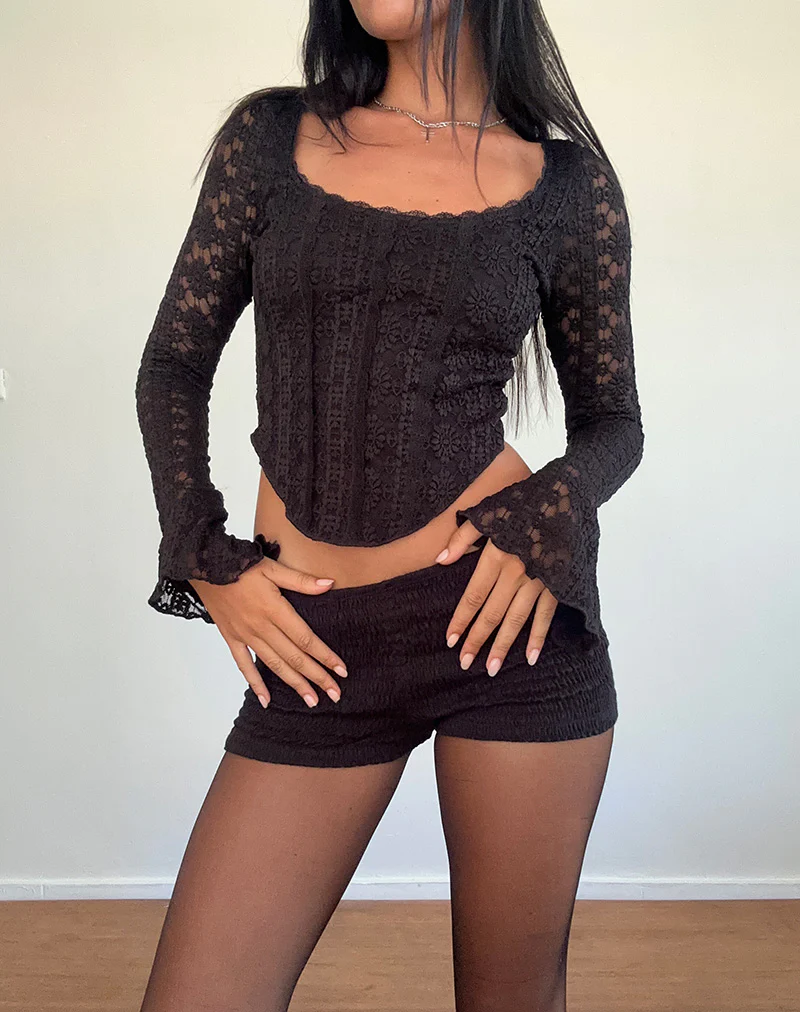 Belle Long Sleeve Top in Regal Lace Black - Awmao