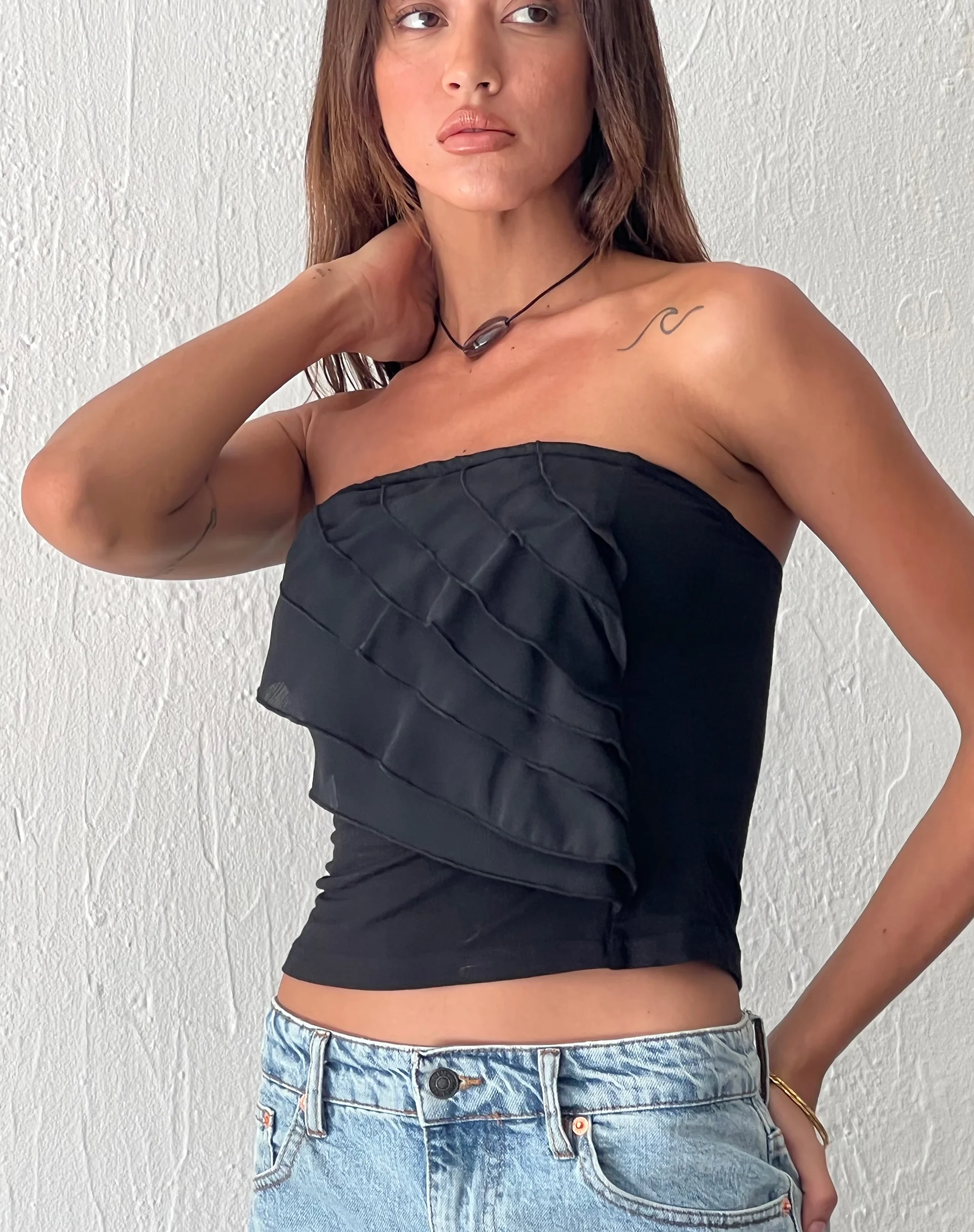 Wayan Ruffle Bandeau Top in Black - Awmao