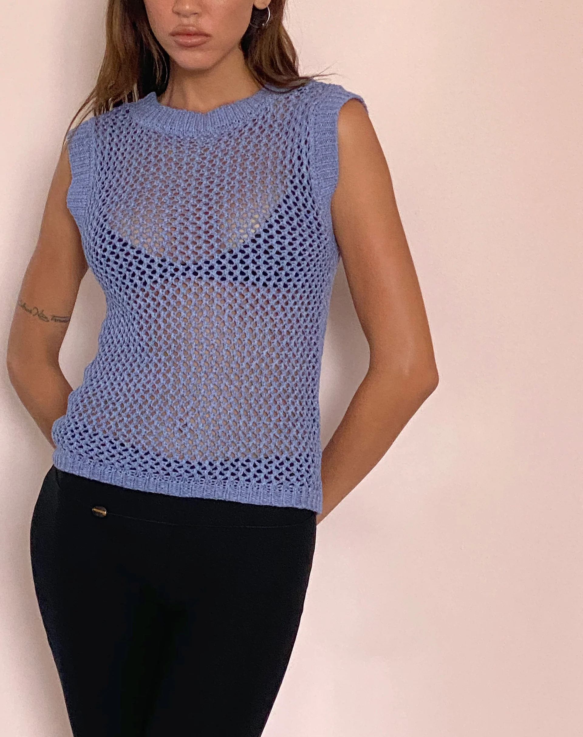 Nibura Open Back Vest Top in Blue Knit - Awmao