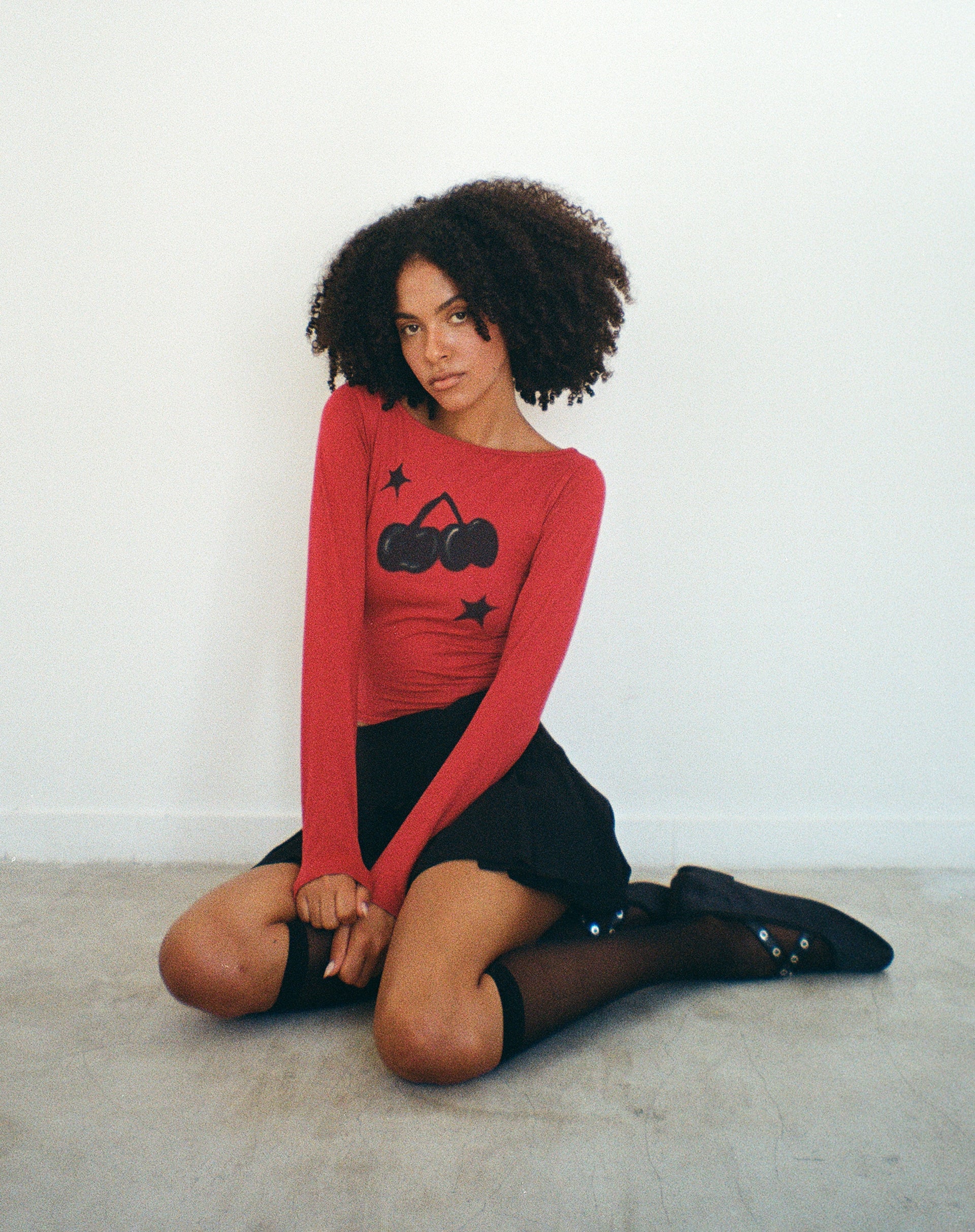 Amabon Long Sleeve Top in Adrenalin Red with Cherry Print - Awmao