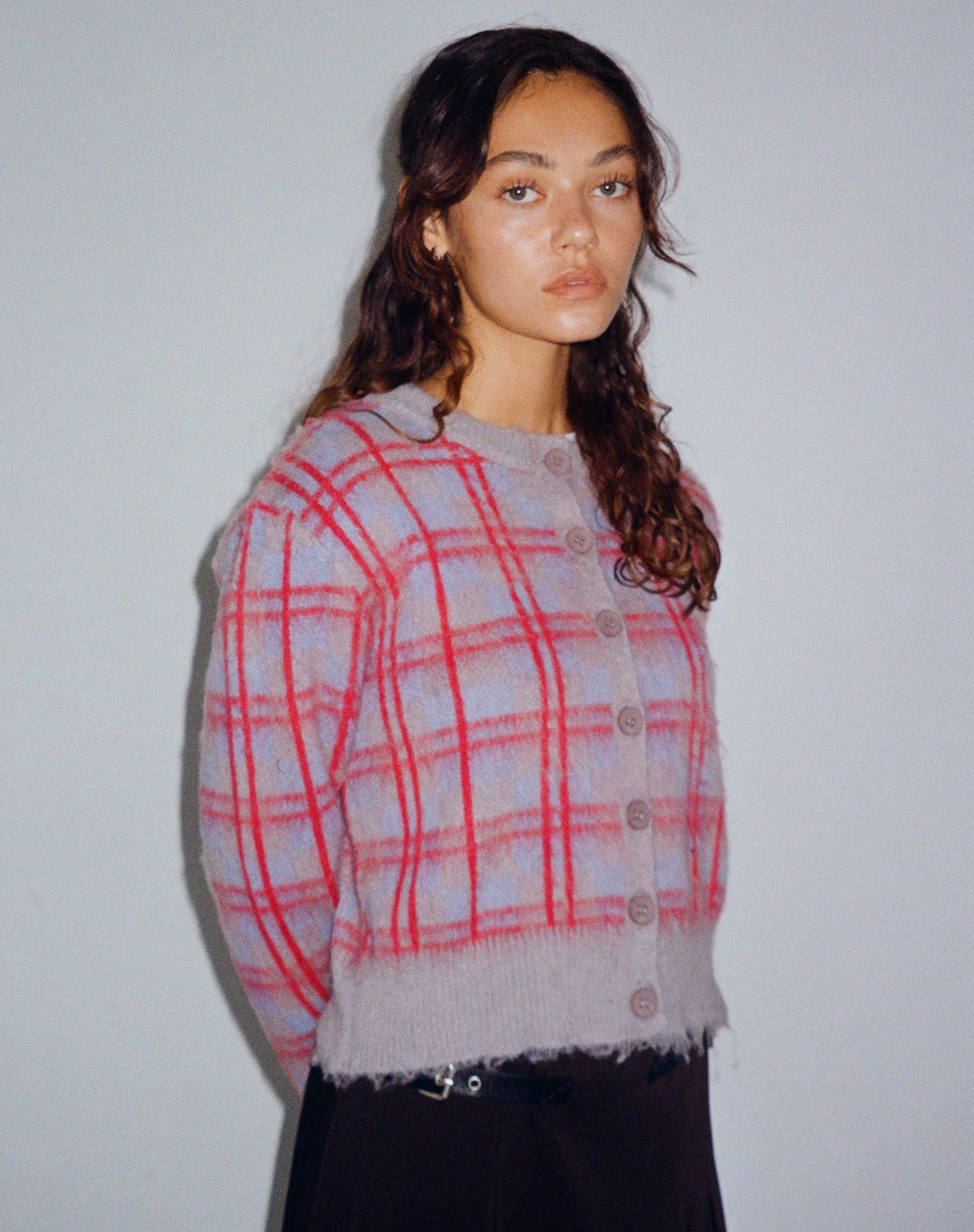 Anzio Button Up Cardigan in Multi Check Grey Blue and Red - Awmao
