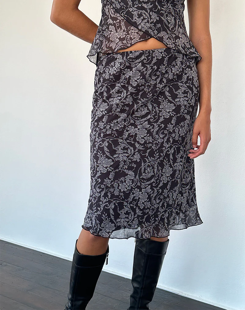 Abetzi Midi Skirt in Baroque Black Print - Awmao