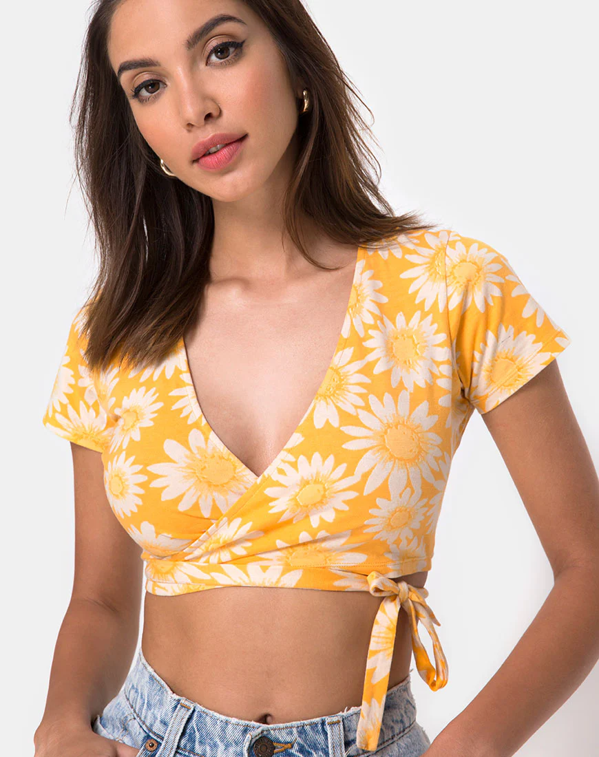 Biaz Wrap Crop in Sunkissed Floral Yellow - Awmao