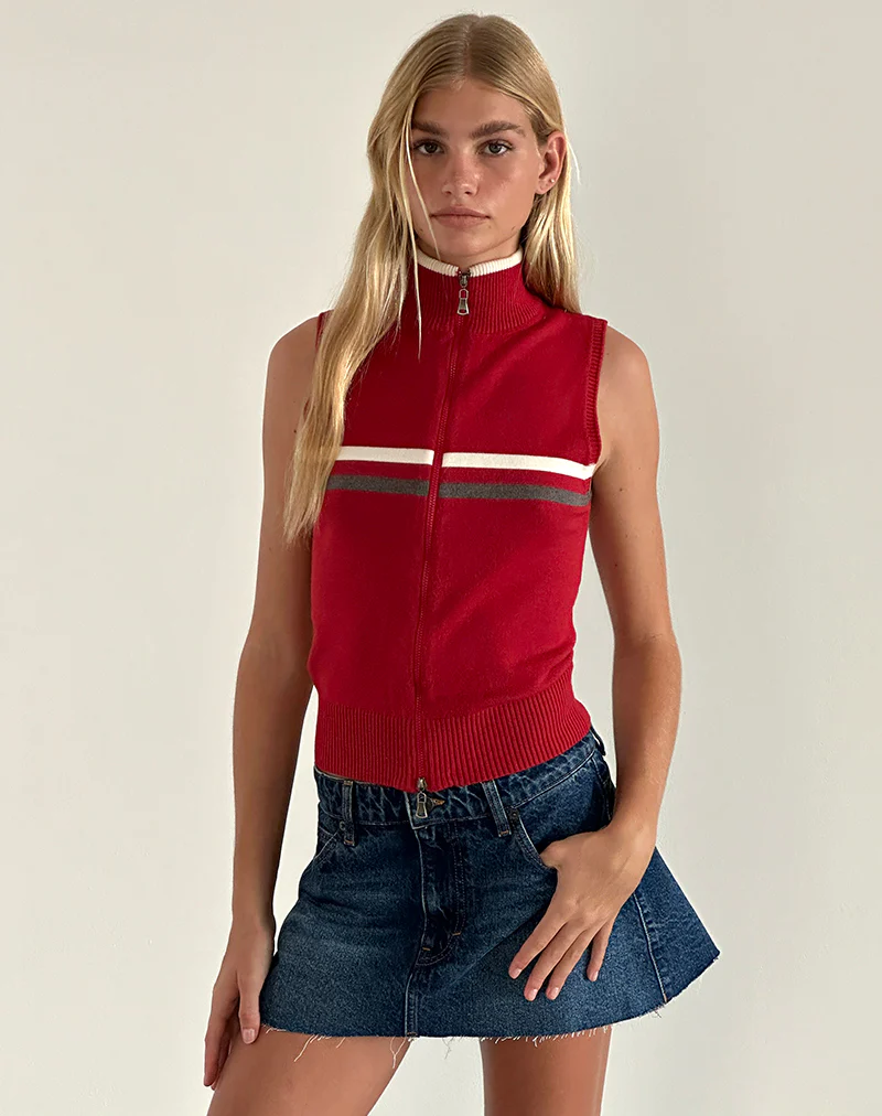 Tabeya Sleeveless Knit Jacket in Red - Awmao