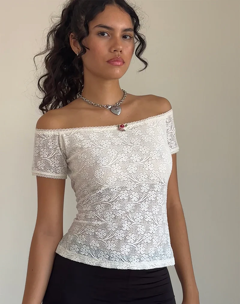 Mageina Bardot Top in Lace Ivory - Awmao