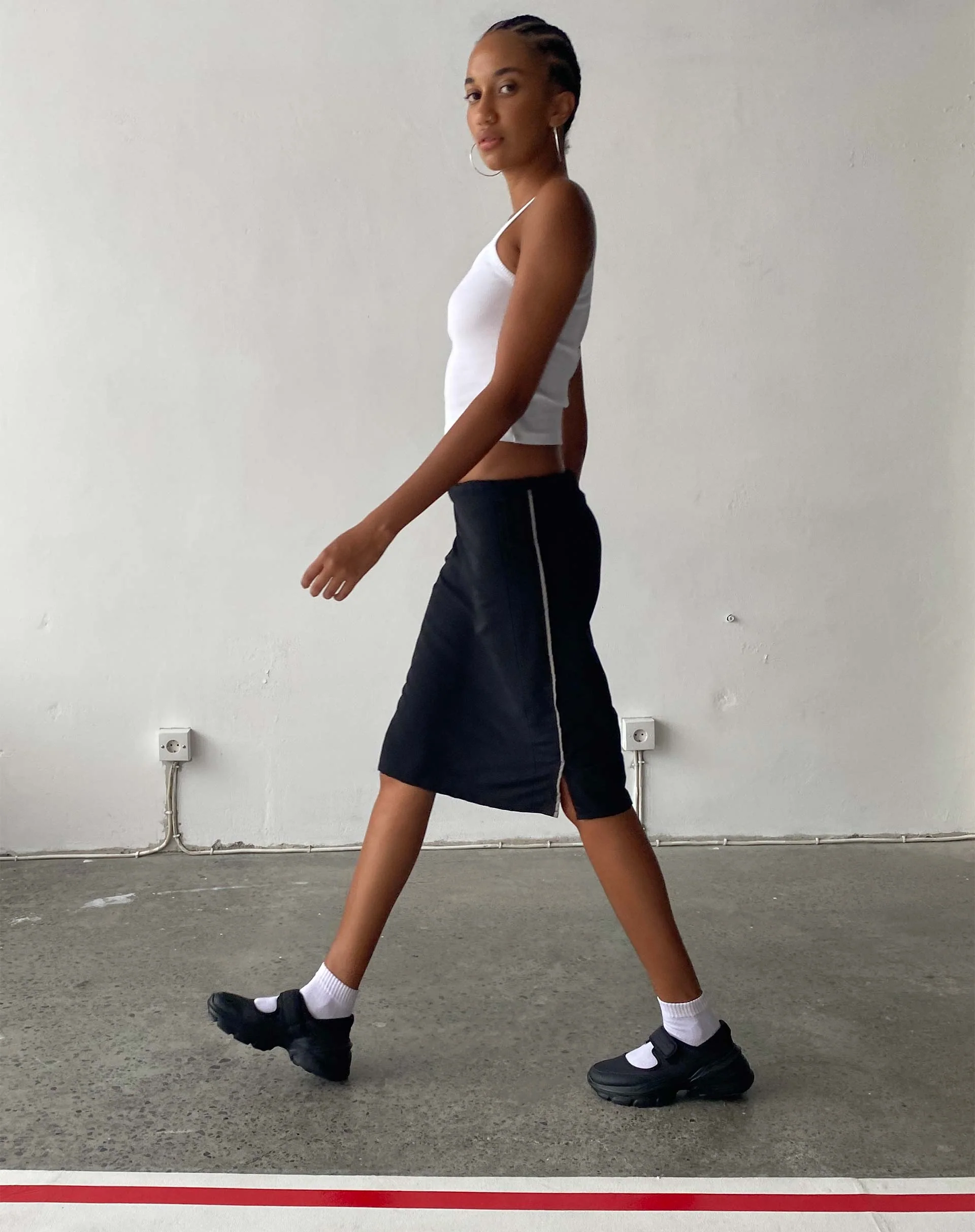 Ashlyn Cargo Midi Skirt in Black with White Stripe - Awmao