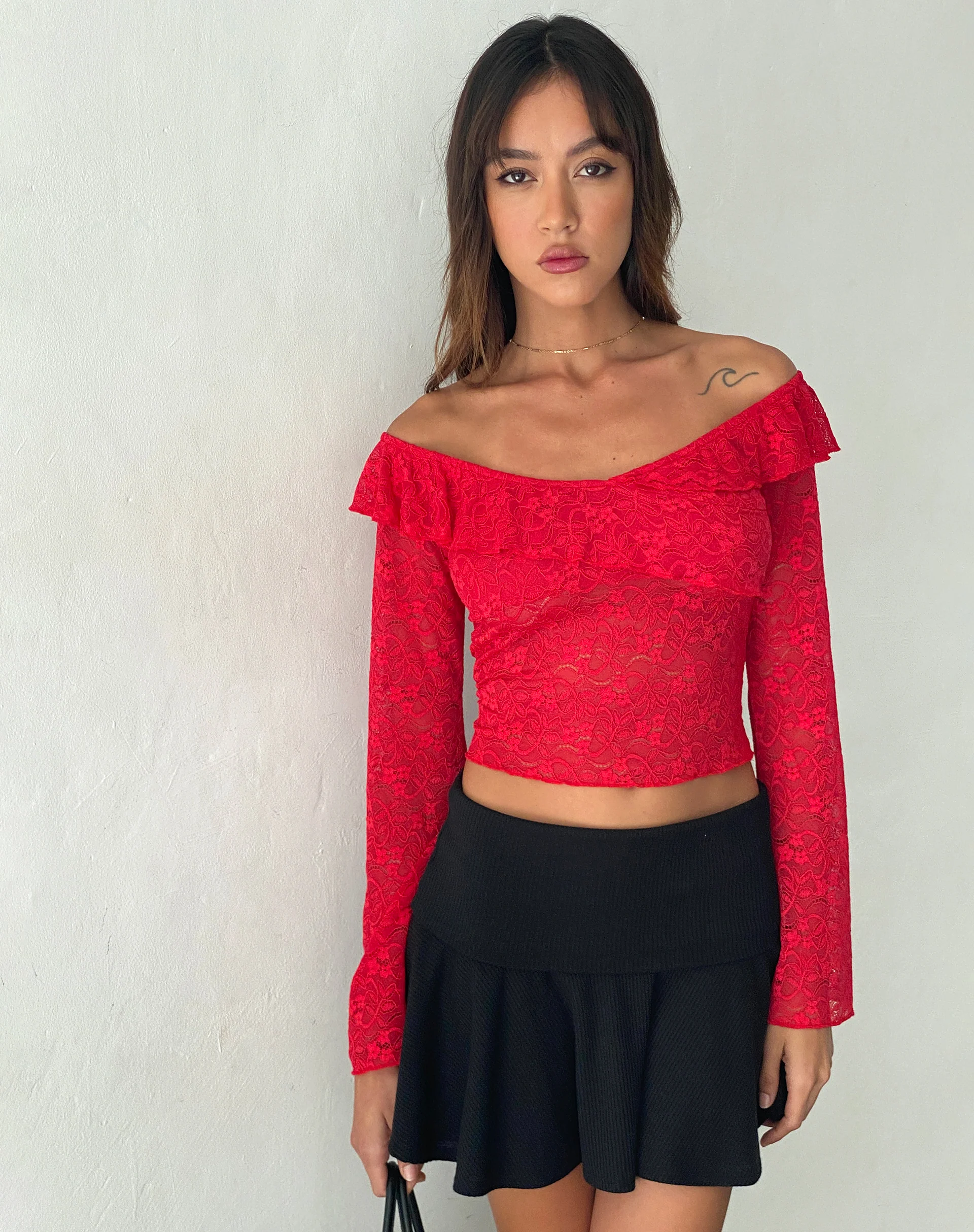 Soka Bardot Frill Top in Red Lace - Awmao