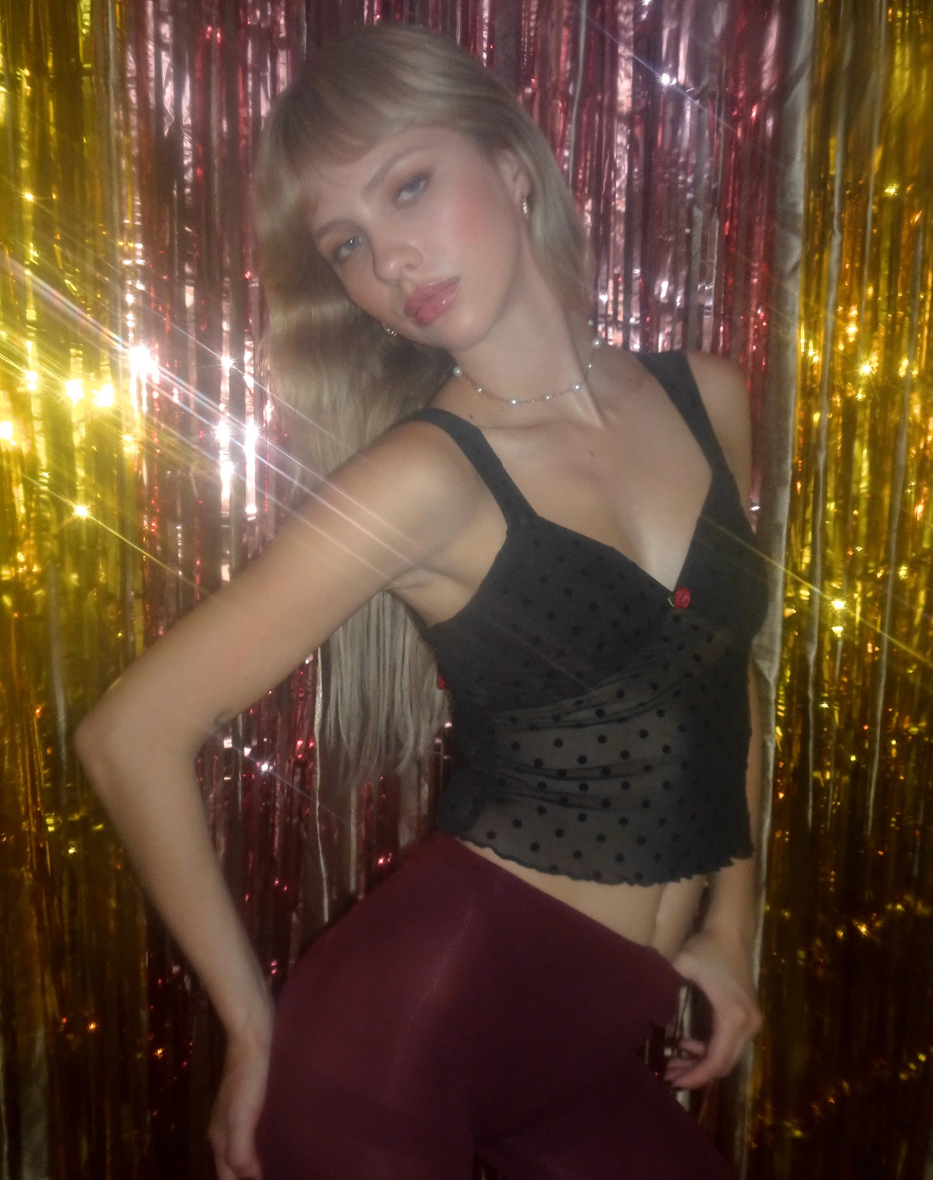 Brietta Mesh Top in Polka Black Flock - Awmao