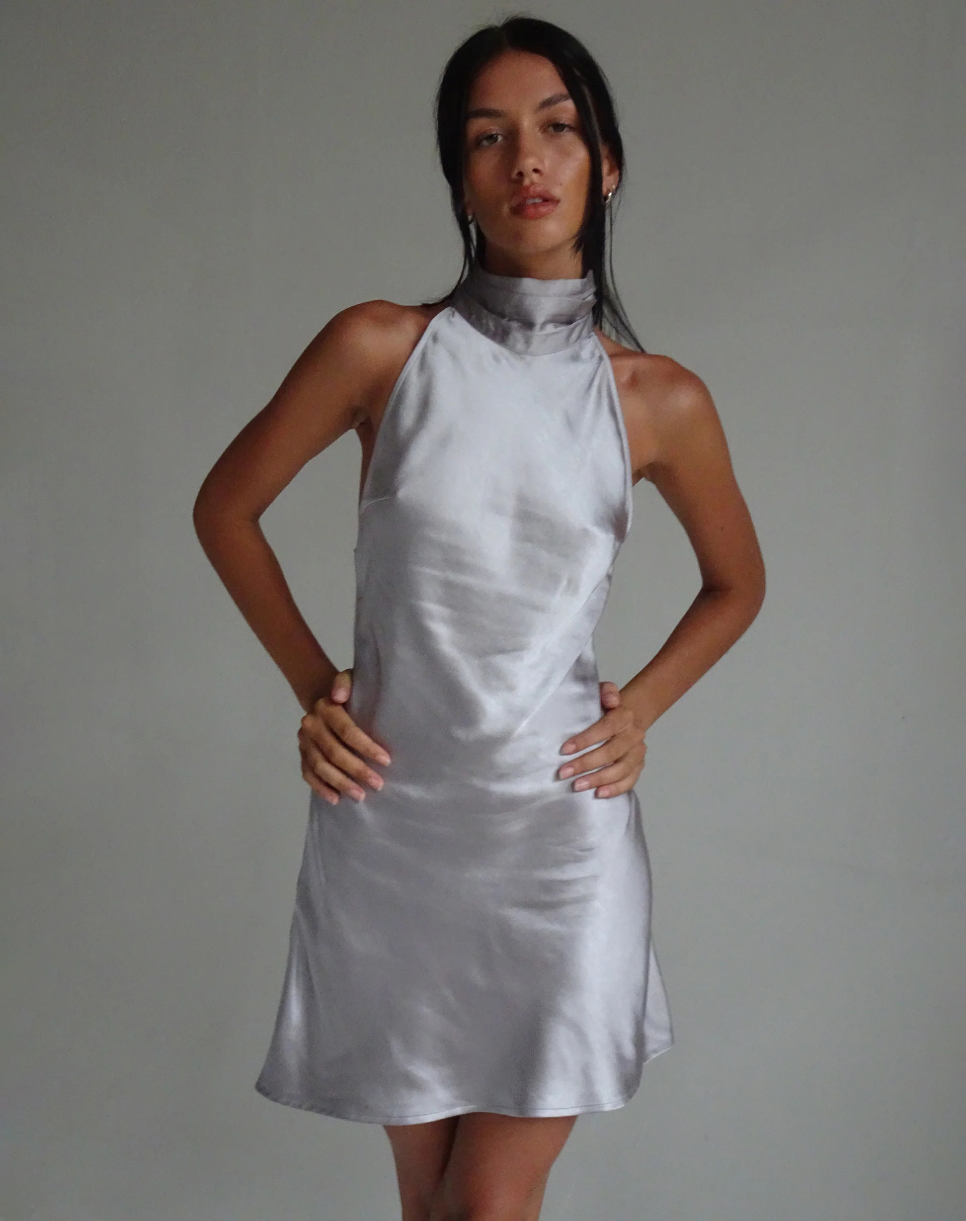 MOTEL X JACQUIE Atik Halterneck Mini Dress in Satin Silver - Awmao