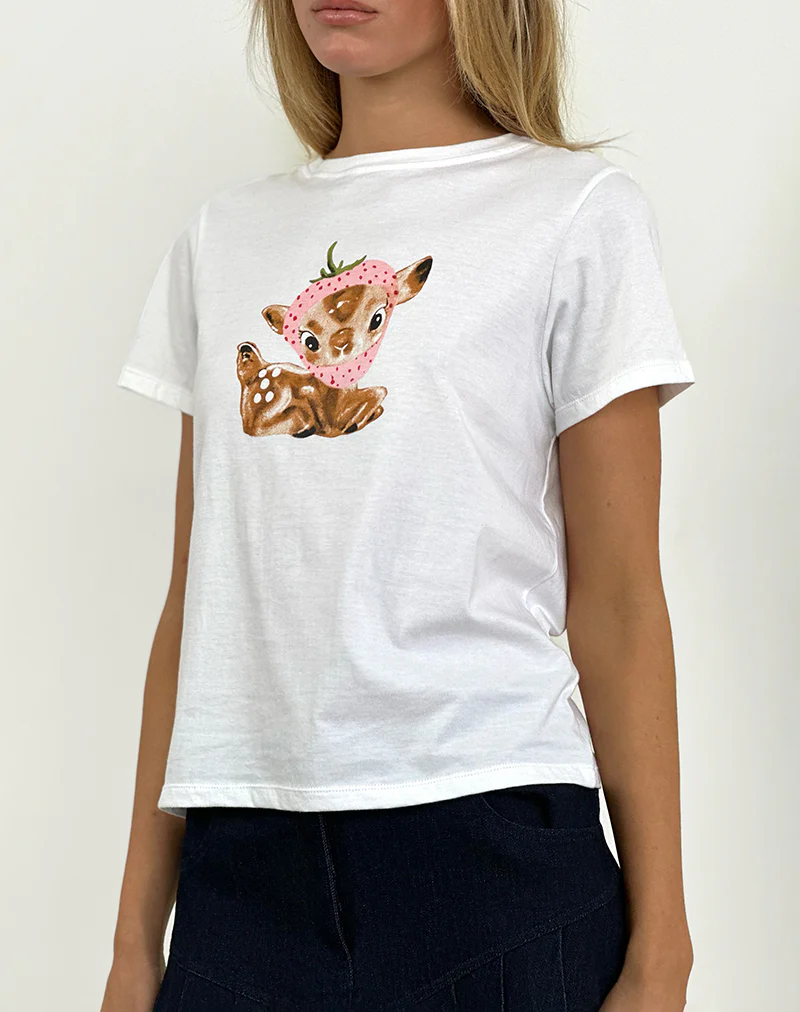 Saki Tee in White with Baby Deer Print - Awmao