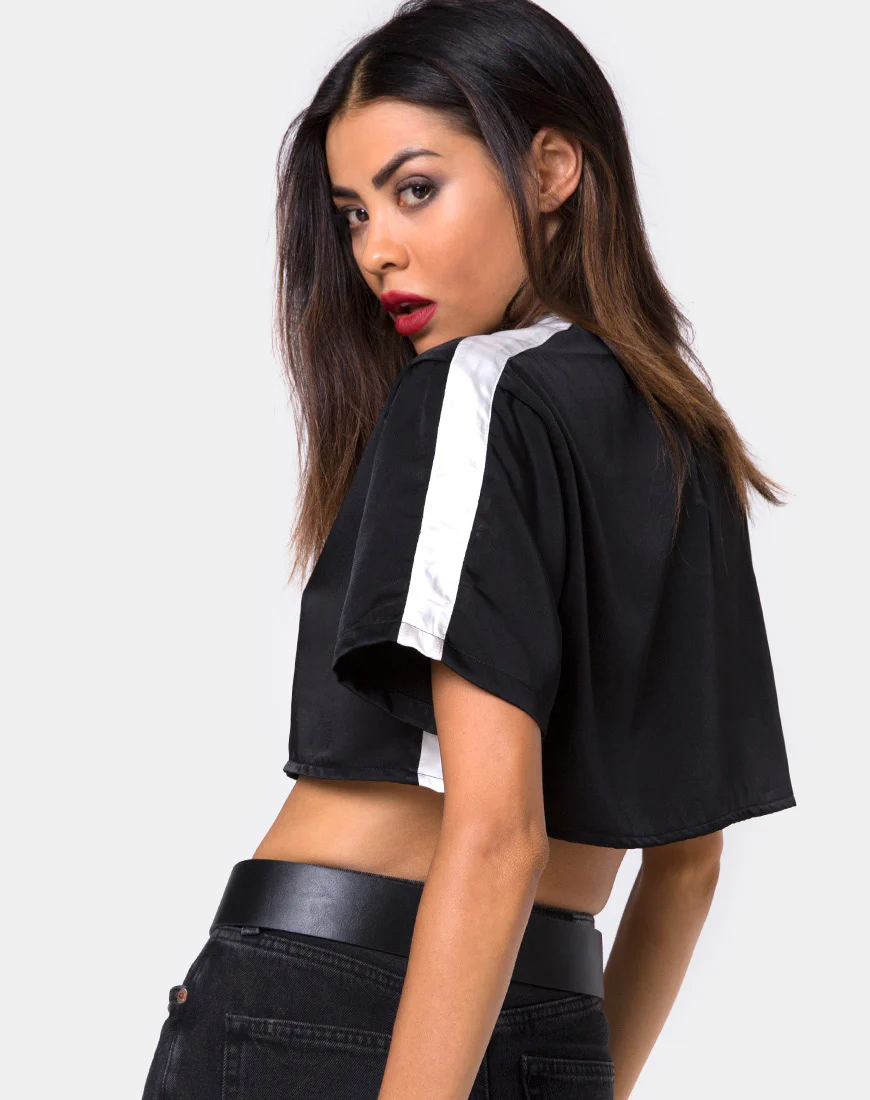 Jiho Crop Top in Black with Ivory Stripe - Awmao