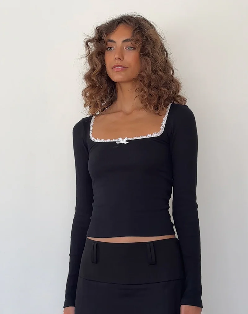 Bovita Long Sleeve Top in Black with Off White Trim - Awmao