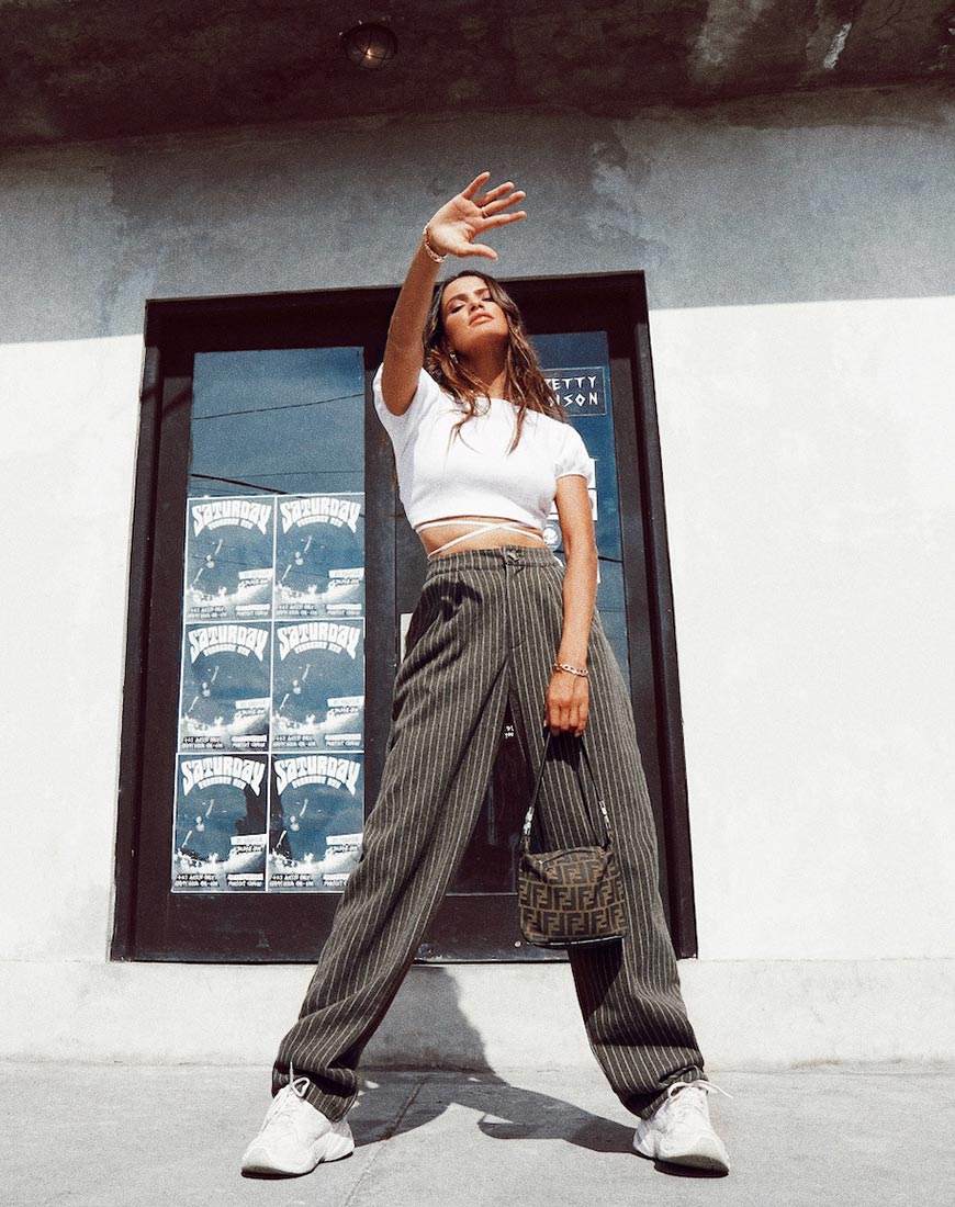 Misha Wide Leg Trouser in Pinstripe Charcoal - Awmao