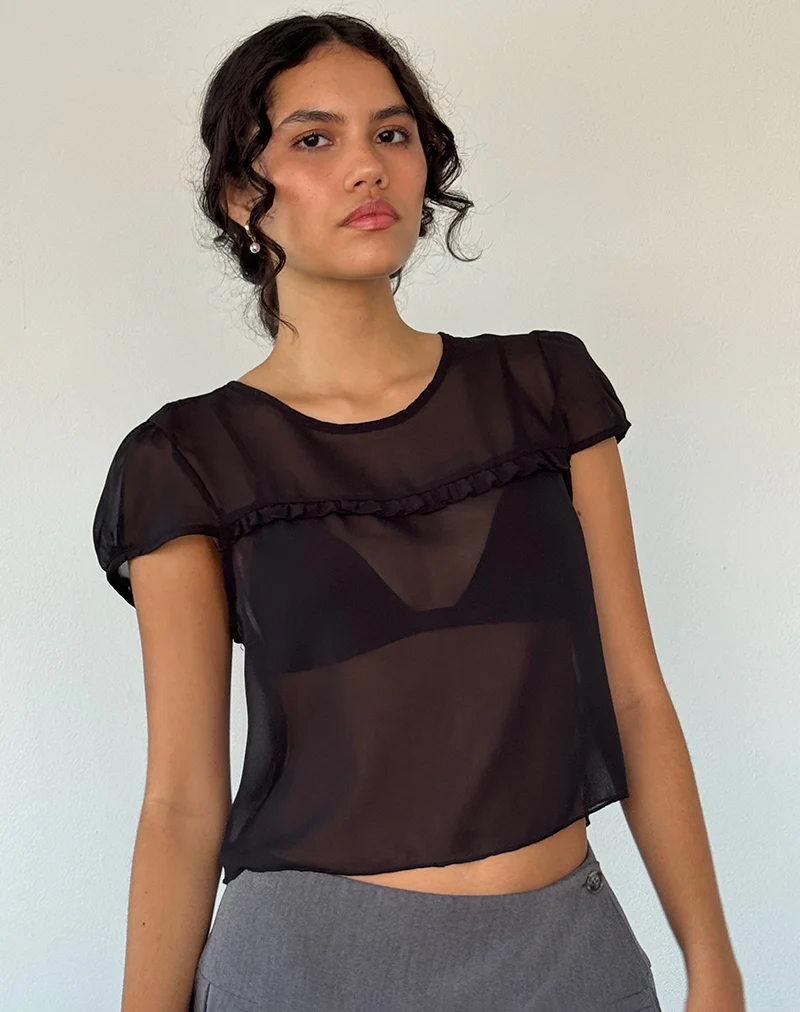 Henrietta Frill Blouse in Black Chiffon - Awmao