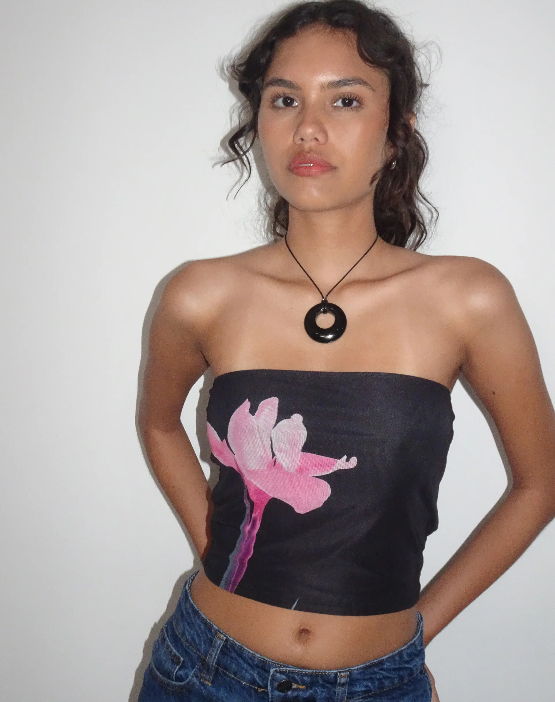 Shae Bandeau Top in Black with Pink Flower Placement - Awmao