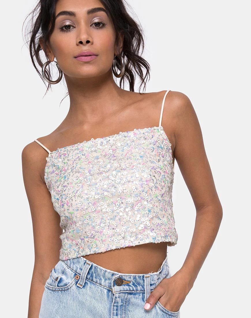 Chantik Crop Top in Confetti Sequin Irisdescent White - Awmao