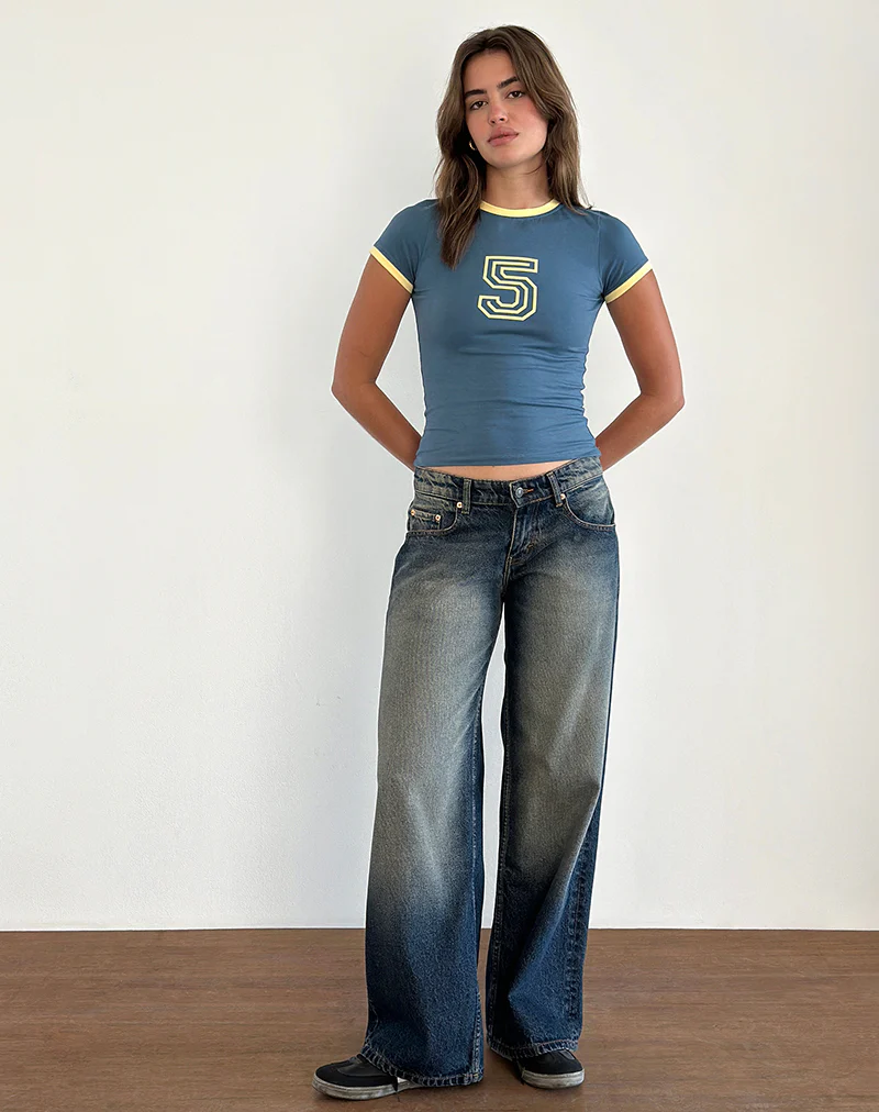 Sutin Tee in Blue with 5 Emblem and Yellow Lemonade Binding - Awmao