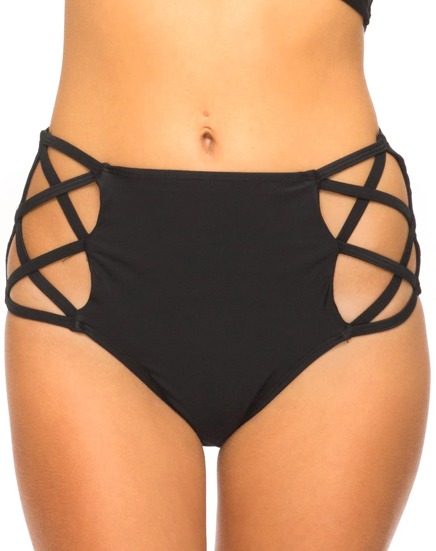 Crystal Cut Out Bikini Bottom in Black - Awmao