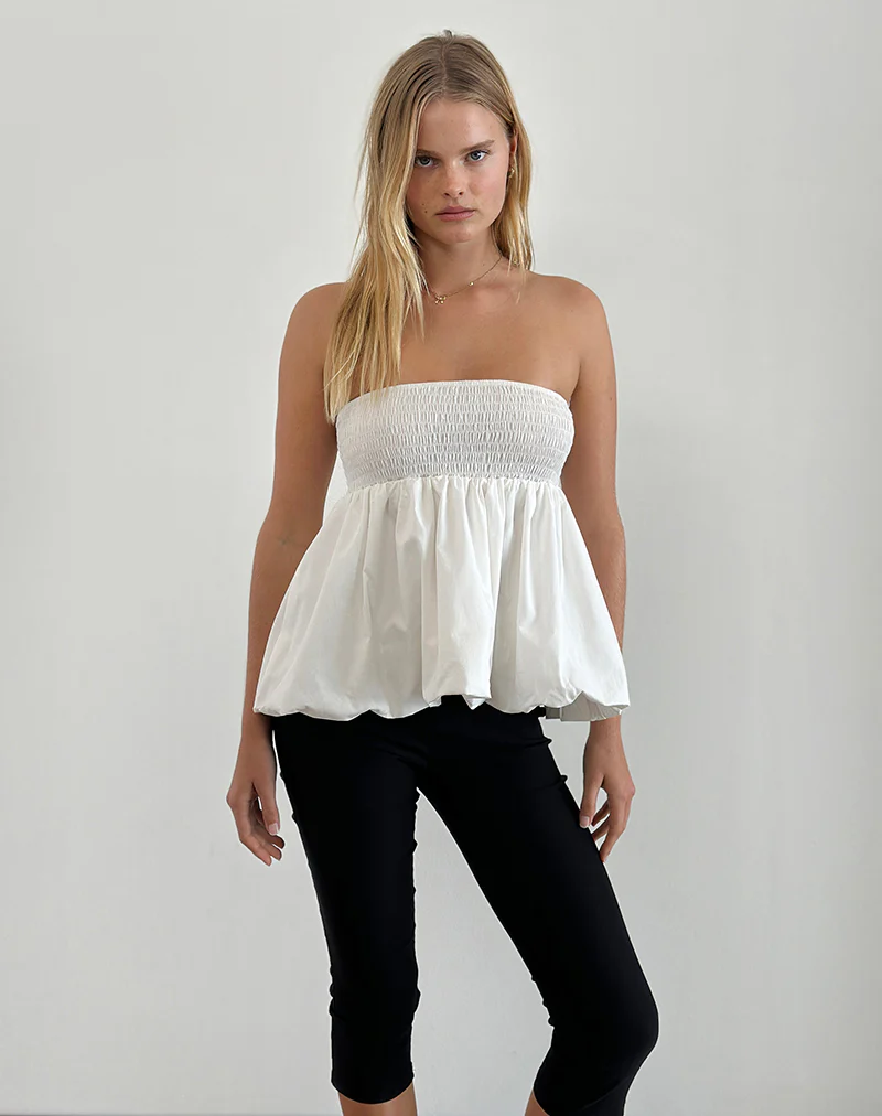 Gaux Puffball Shirred Top in Poplin Ivory - Awmao