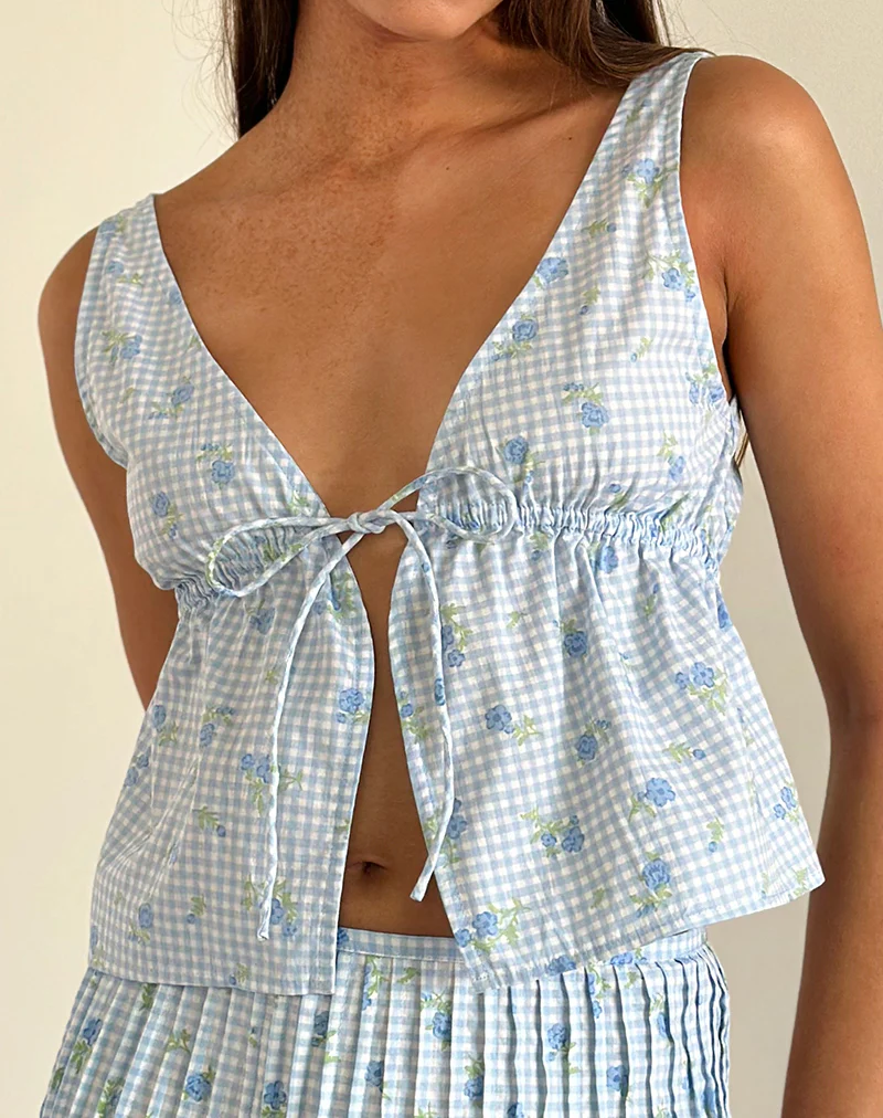 Rolia Cami Top in Blue Flower Gingham - Awmao