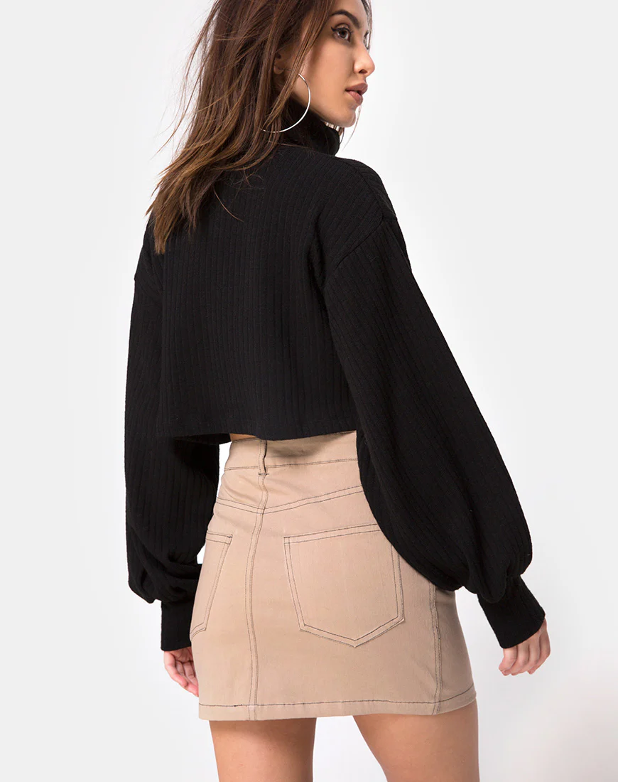 Mini Broomy Skirt in Tan with Black Stitch - Awmao