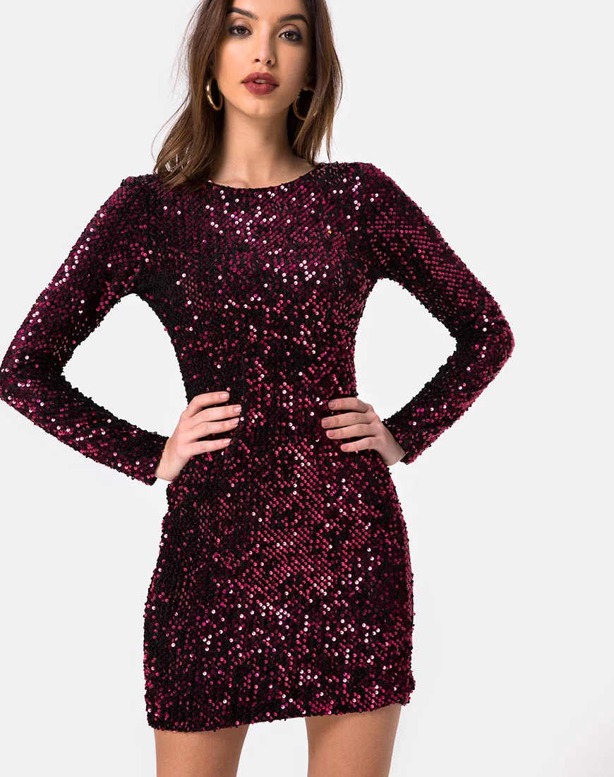 Gabby Plunge Back Dress in Wine Sequin - Awmao