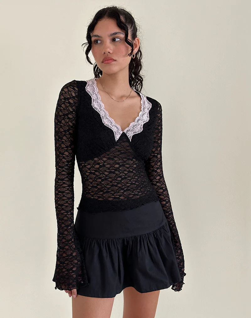 Chantal Lace Top in Black with Pink Trim - Awmao