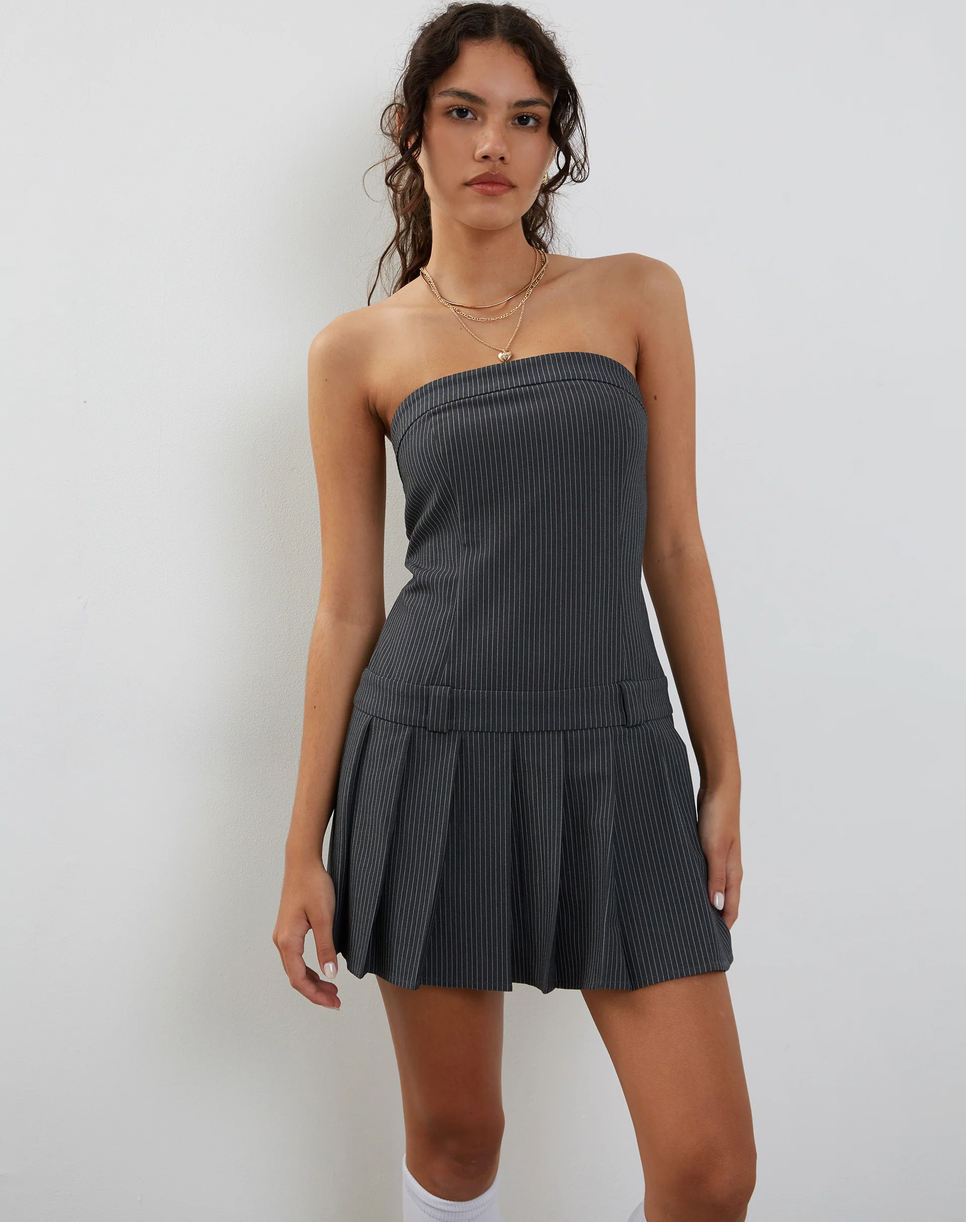 Payoda Mini Dress in Pinstripe Grey - Awmao
