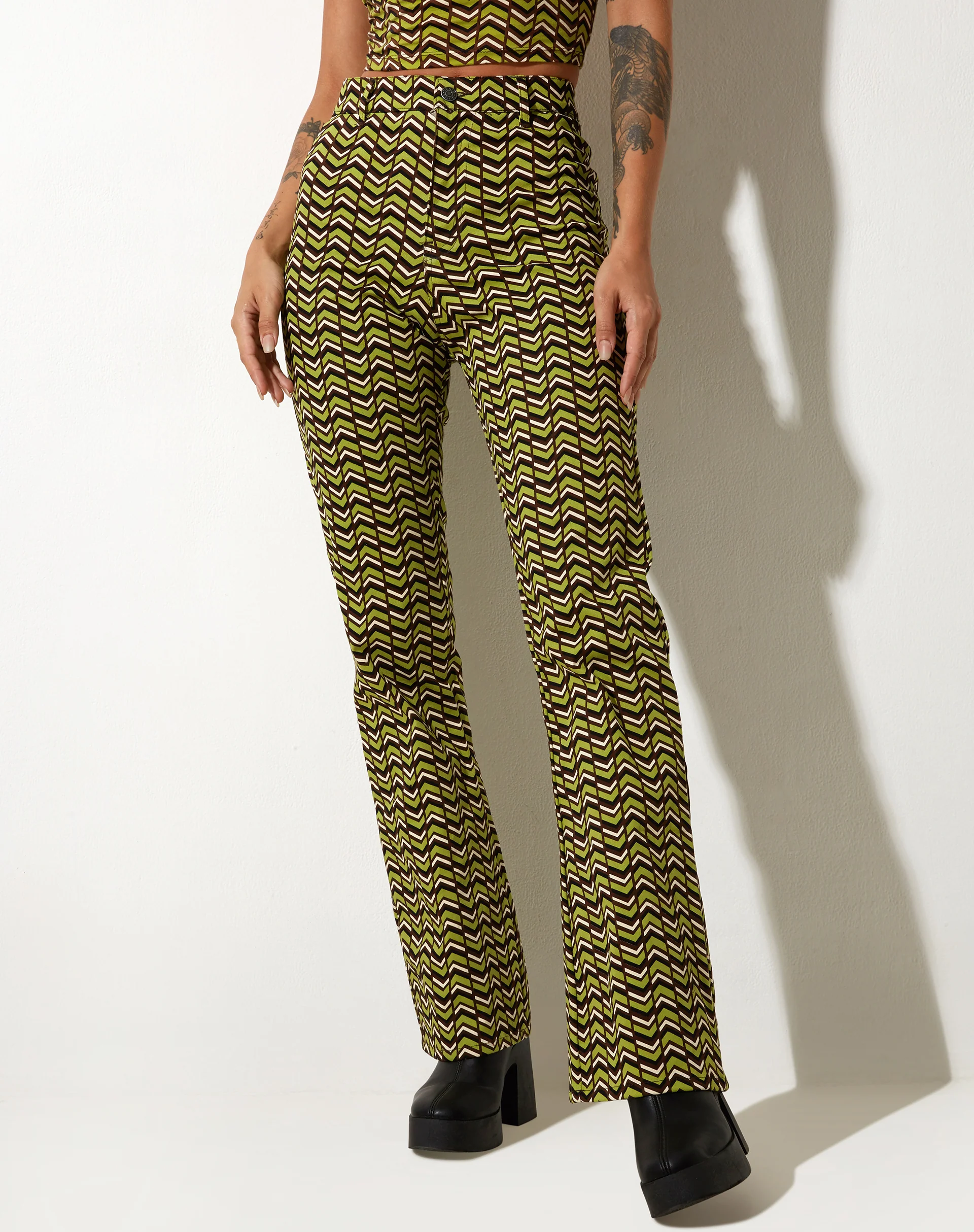 Zoven Flare Trouser in Chevron Green - Awmao