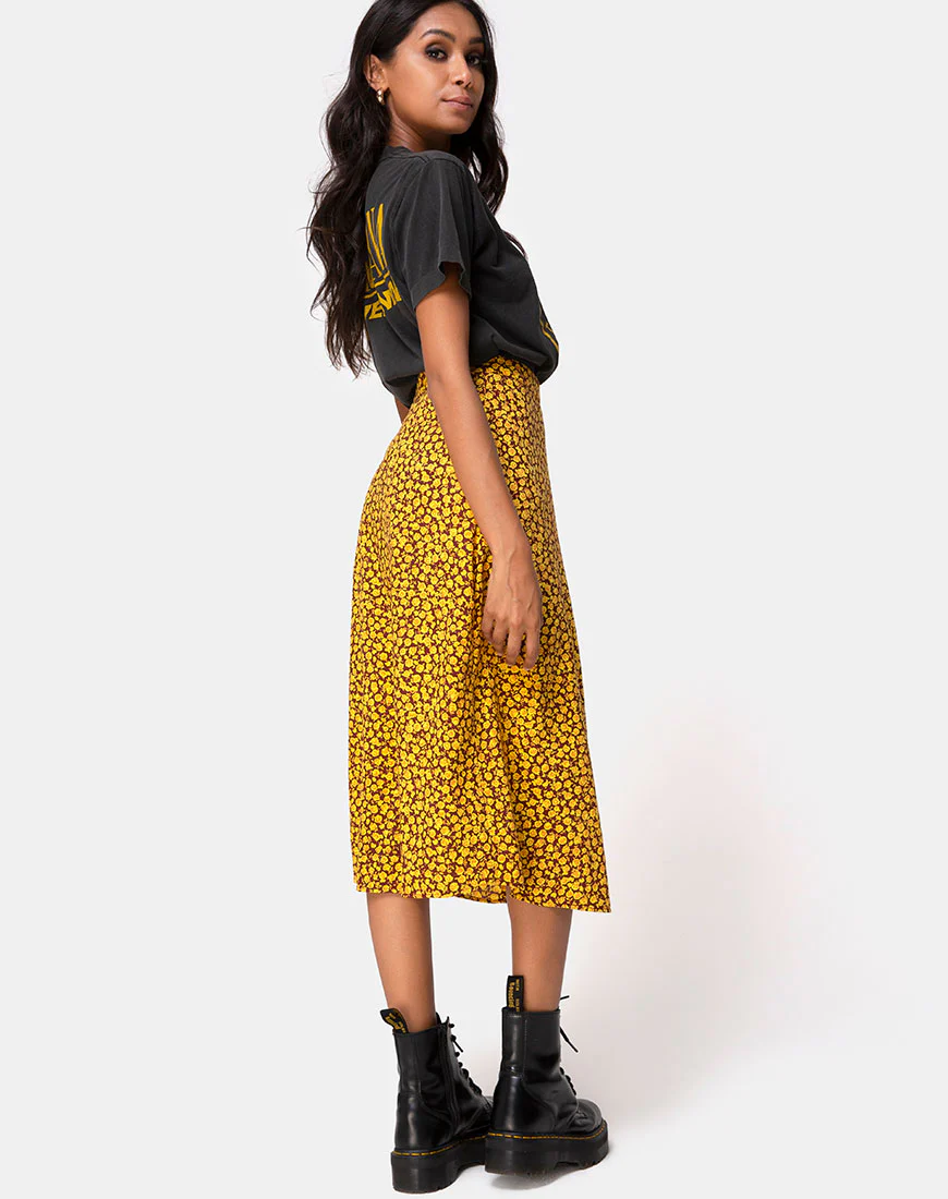 Saika Midi Skirt in Ditsy Rose Marigold - Awmao