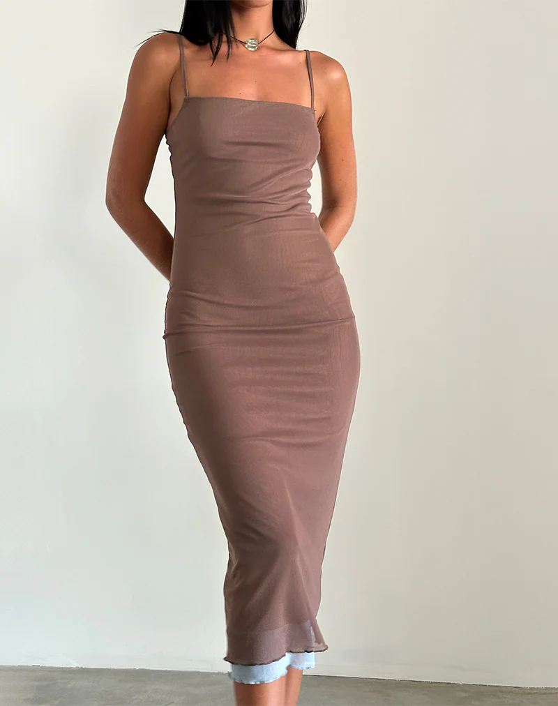 Bisilk Midi Dress in Mesh Brown with Light Blue - Awmao
