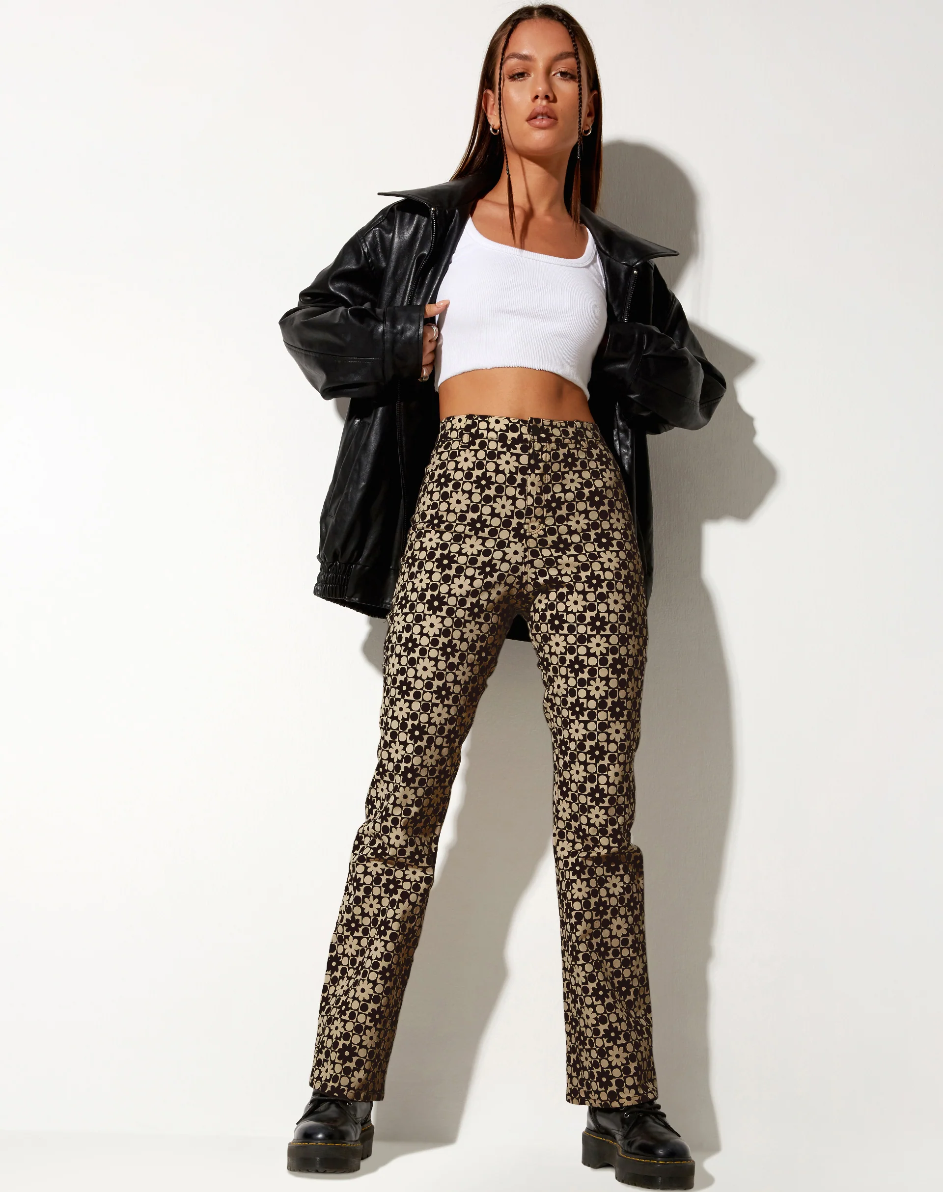 Zoven Flare Trouser in Patchwork Daisy Brown - Awmao