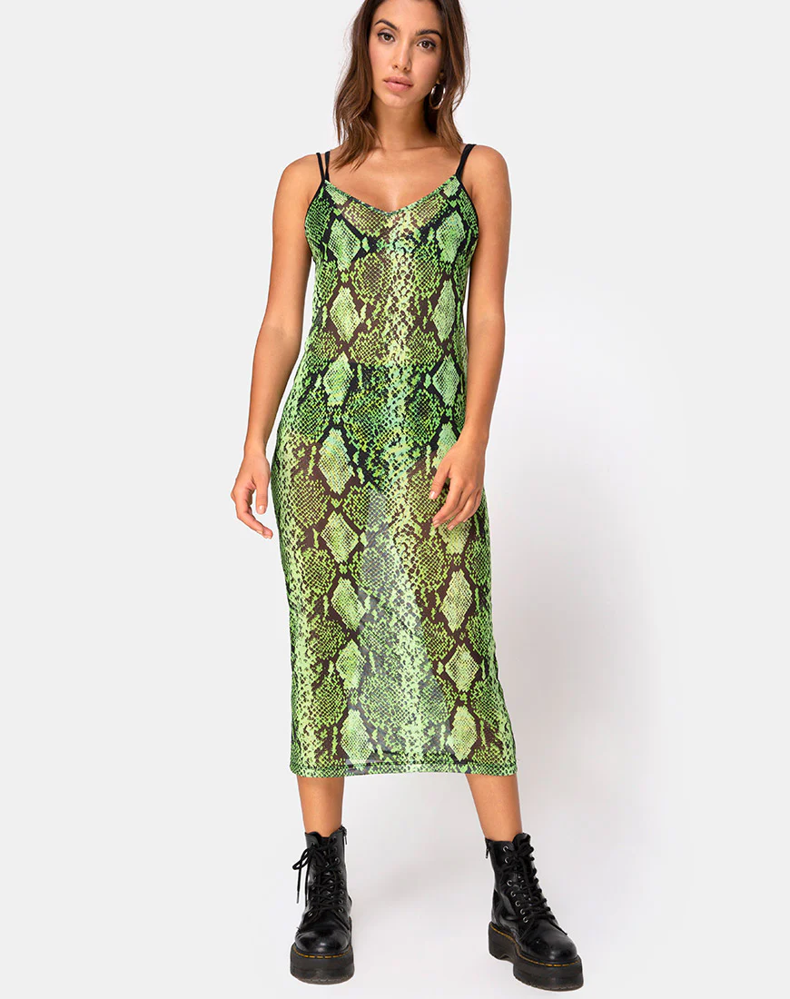Midnight Midi Dress in Slime Lime Snake Mesh - Awmao