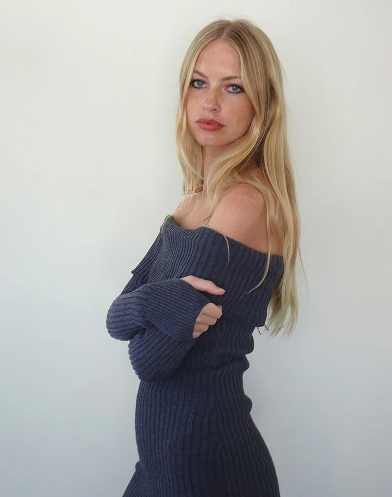 Queeva Knitted Bardot Mini Dress in Dark Charcoal - Awmao