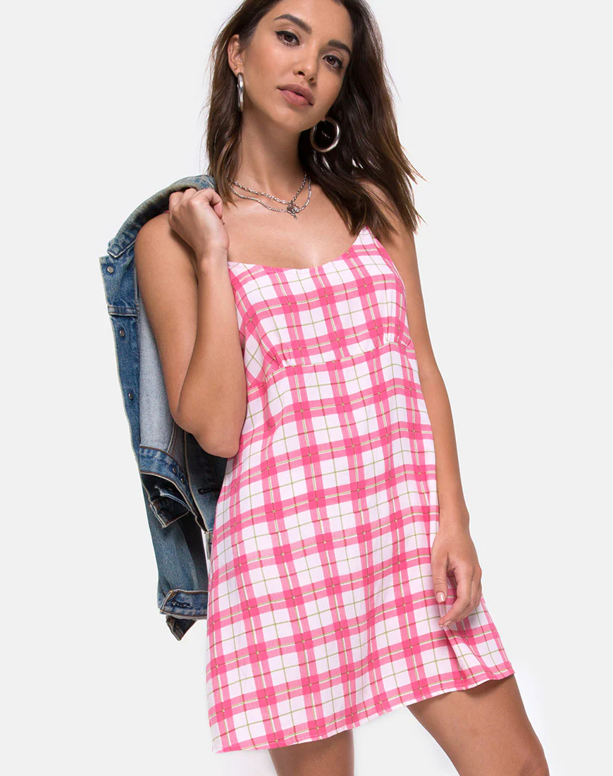 Anoma Slip Dress in Picnic Check Pink - Awmao