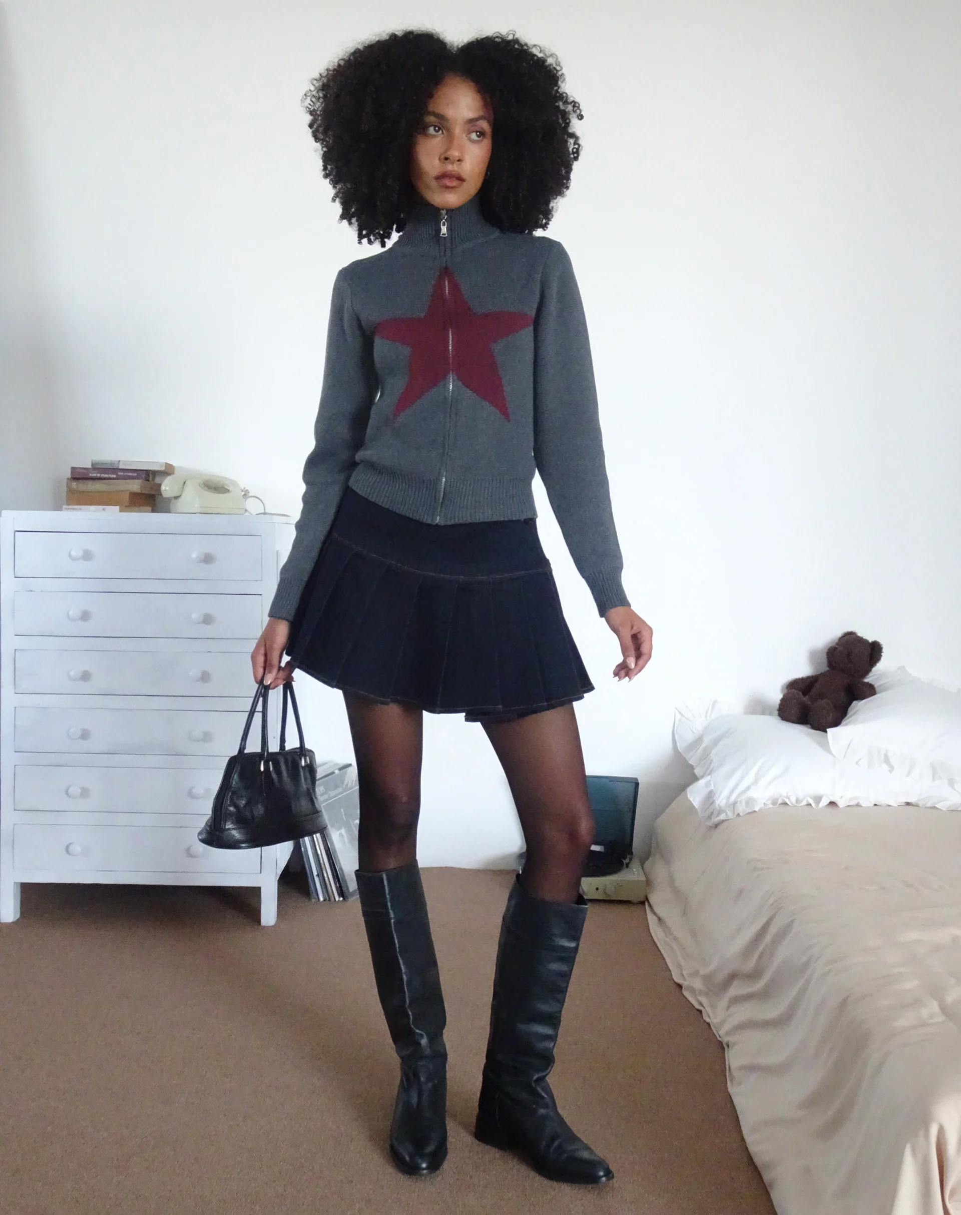 Jimena Zip Through Cardigan in Grey with Burgundy Star Motif - Awmao